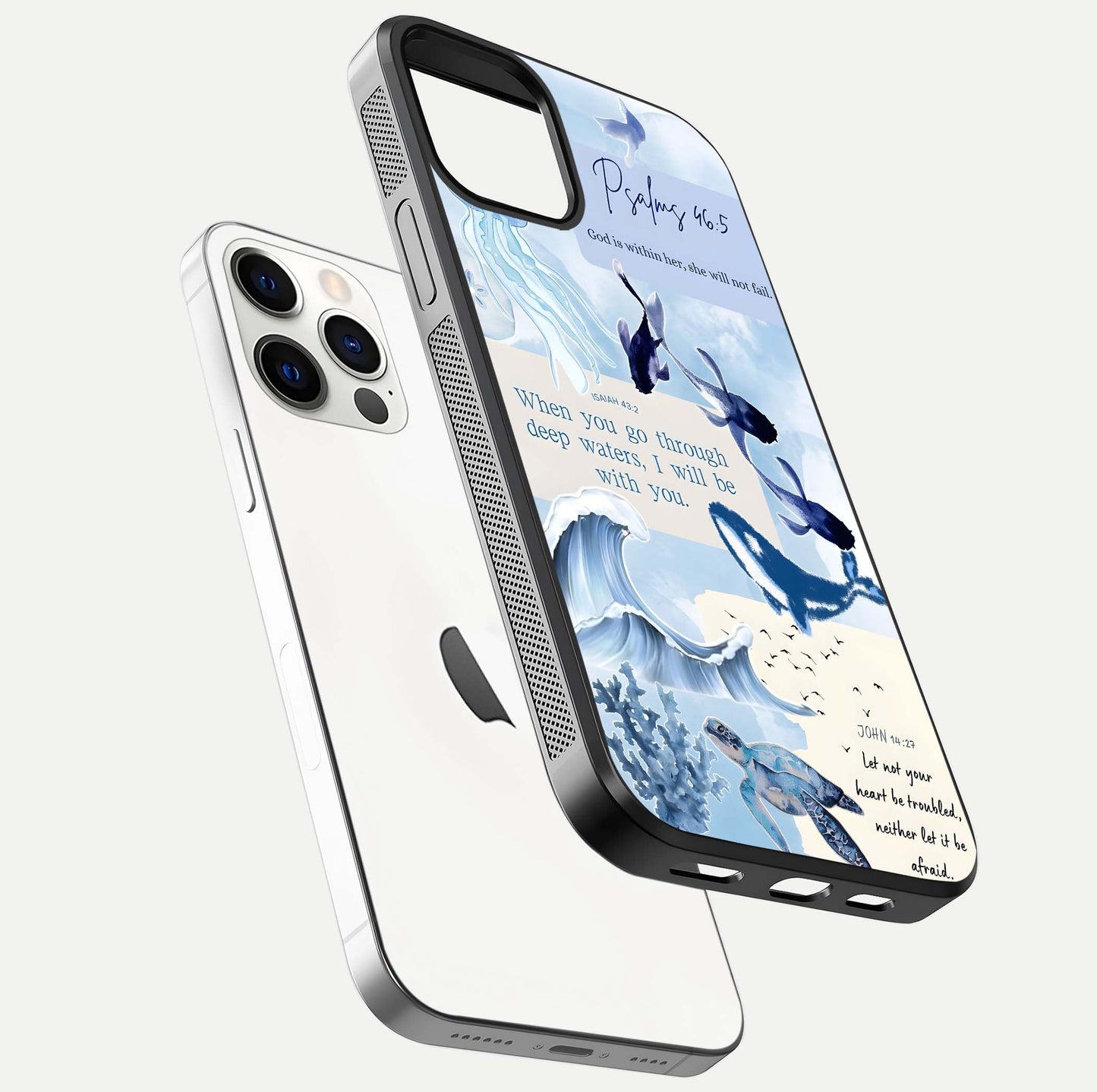 Faithful Ocean Promise Glass Case for iPhone 12 Pro floating mockup displaying glossy surface and vivid depth