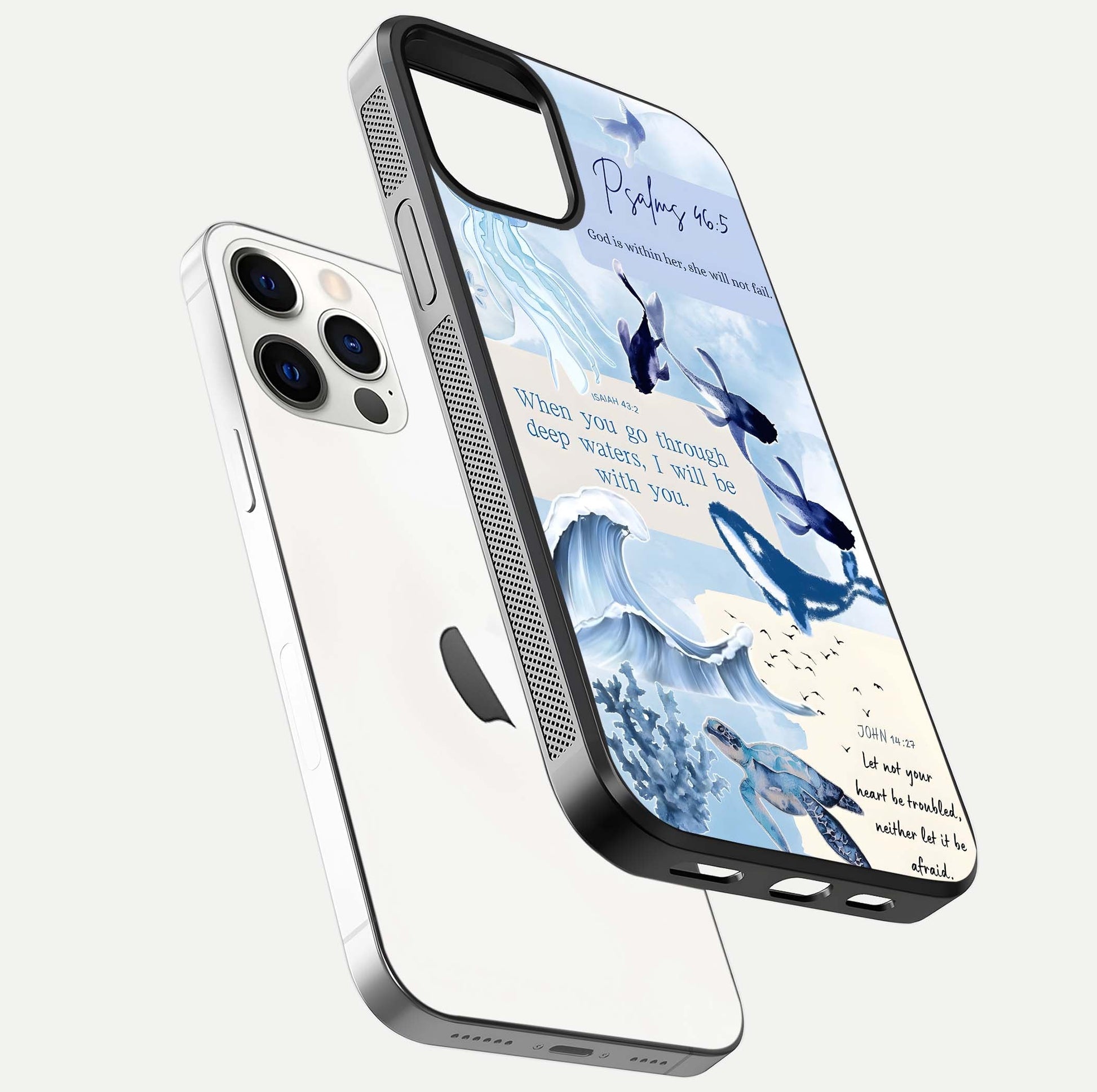 Faithful Ocean Promise Glass Case for iPhone 12 Pro floating mockup displaying glossy surface and vivid depth