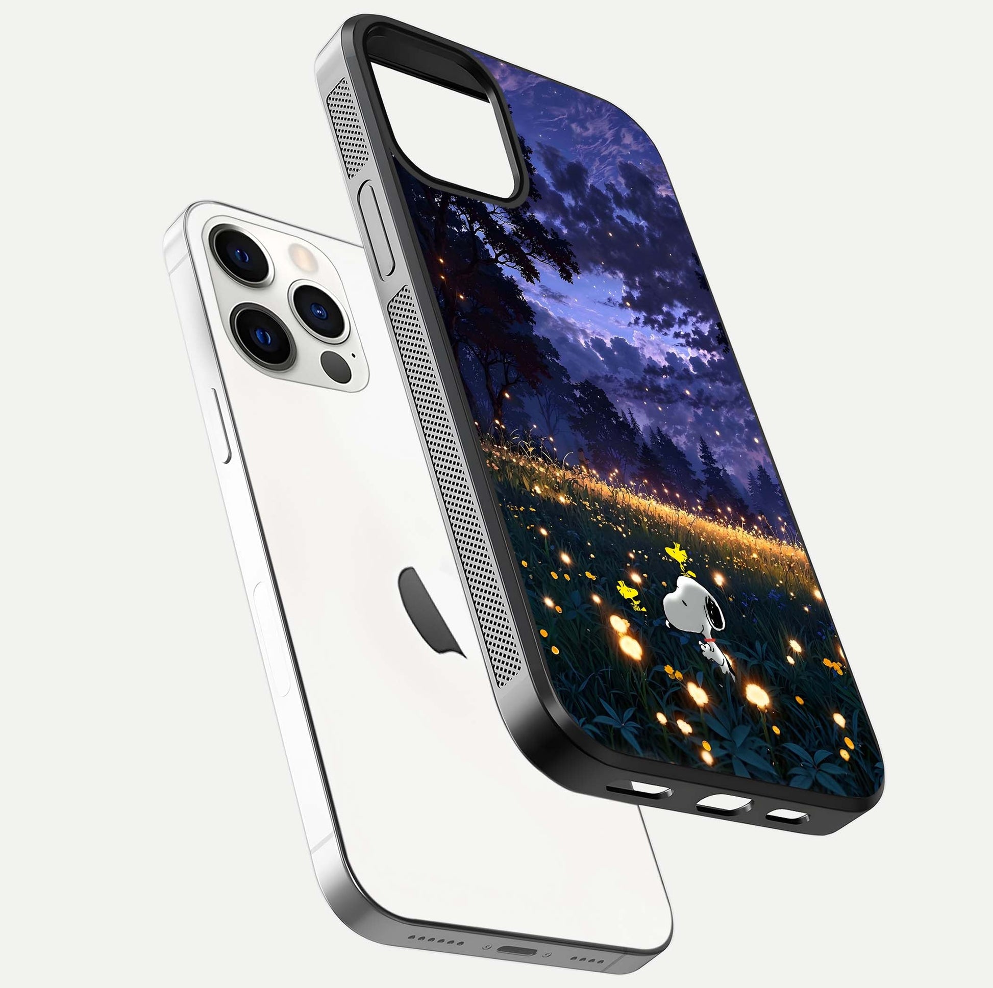 Firefly Meadow Magic Glass Case for iPhone 12 Pro floating mockup showing gloss polish and magical night hues