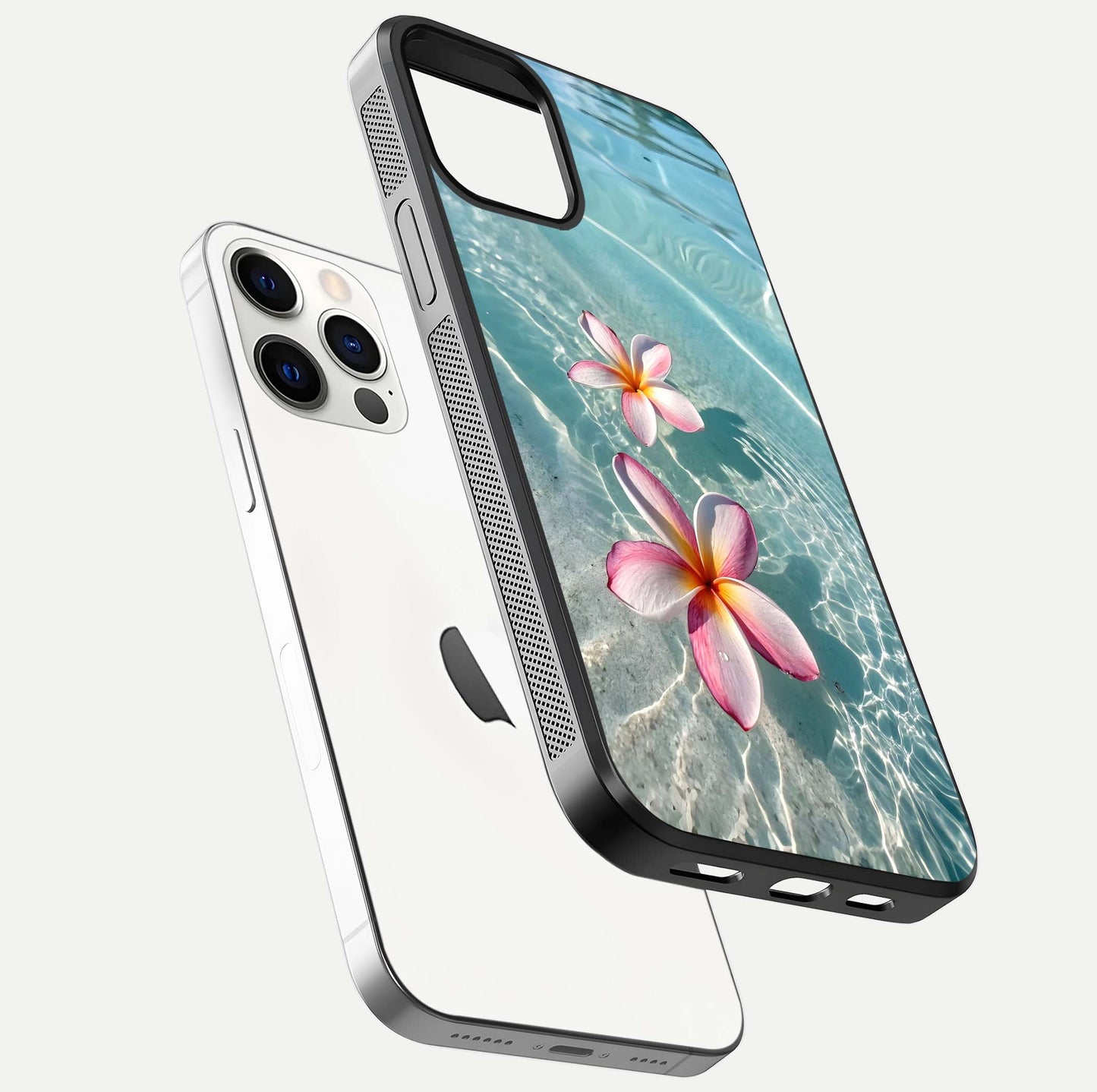 Floating Bloom Bliss Glass Case for iPhone 12 Pro floating mockup showing HD gloss shine and floral texture
