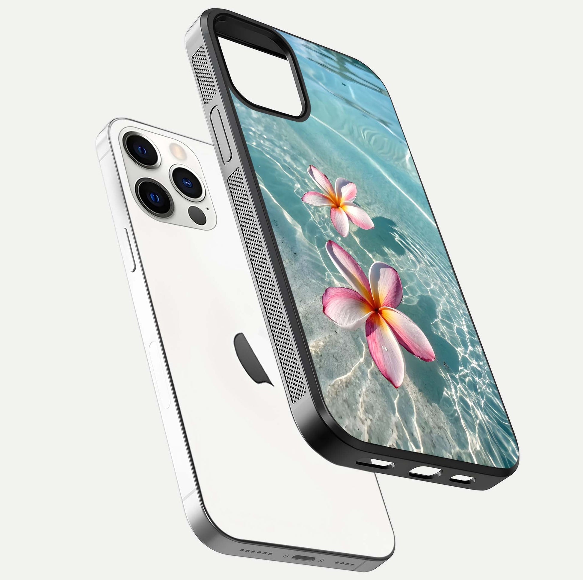 Floating Bloom Bliss Glass Case for iPhone 12 Pro floating mockup showing HD gloss shine and floral texture