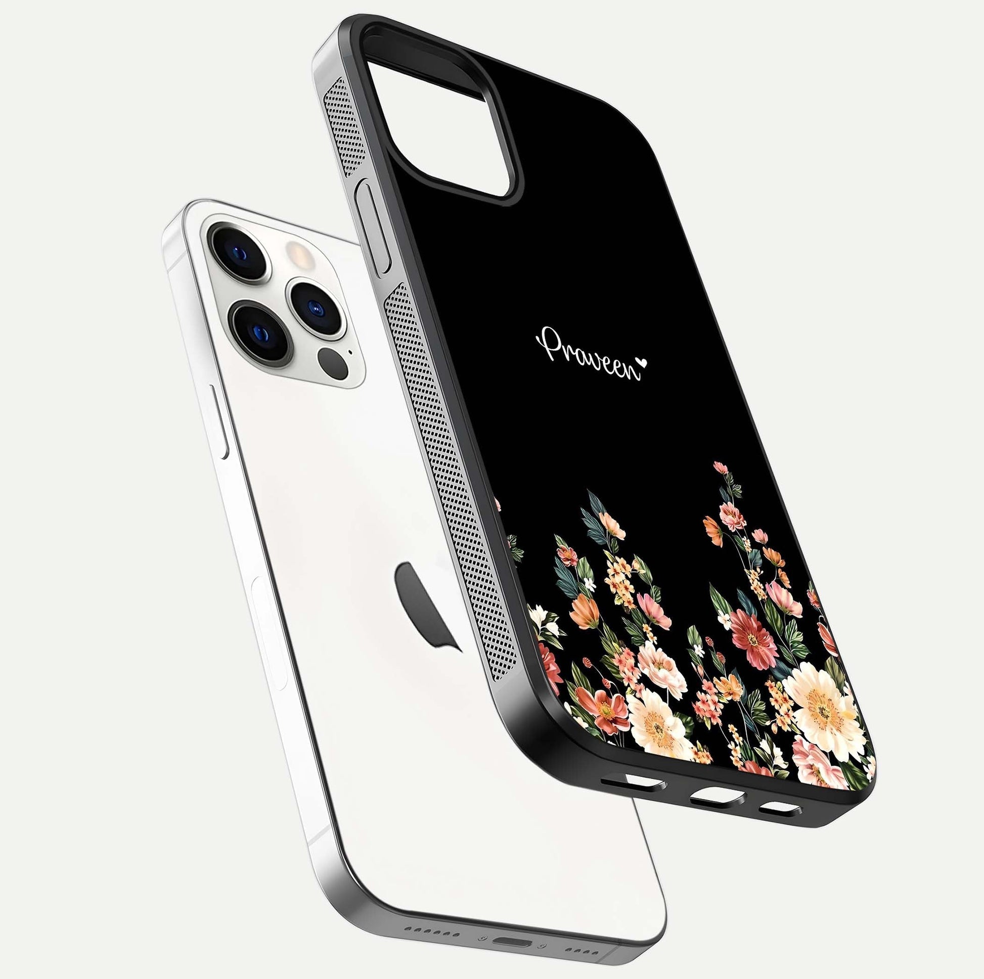 Floral Design Personalized Custom Name Glass Case for iPhone 12 Pro floating mockup showing reflection polish and vivid colors