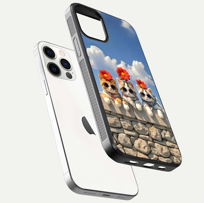 Floral Kitty Squad Glass Case for iPhone 12 Pro floating mockup showing gloss texture and playful charm