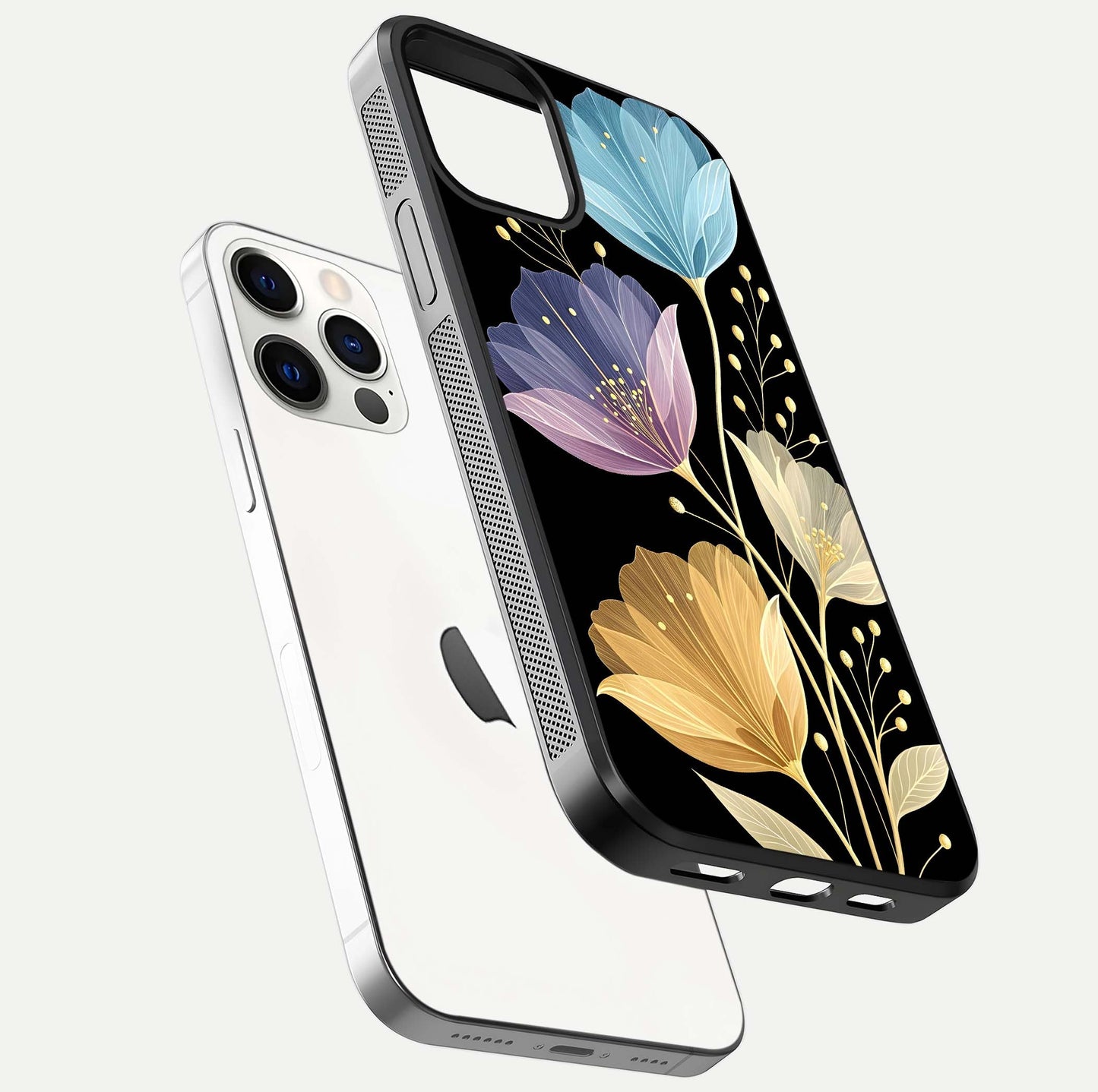 Flower Bloom Glow Glass Case for iPhone 12 Pro floating mockup showing HD shine and artistic detail