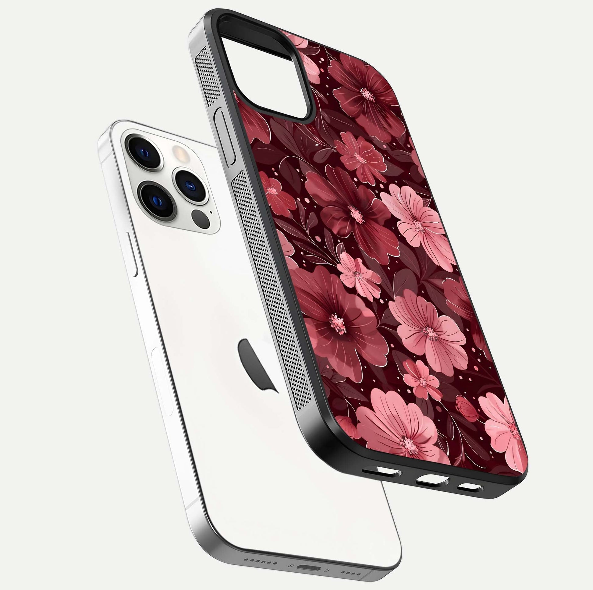 Flower Blush Bloom Glass Case for iPhone 12 Pro floating mockup showing shine polish and elegant look
