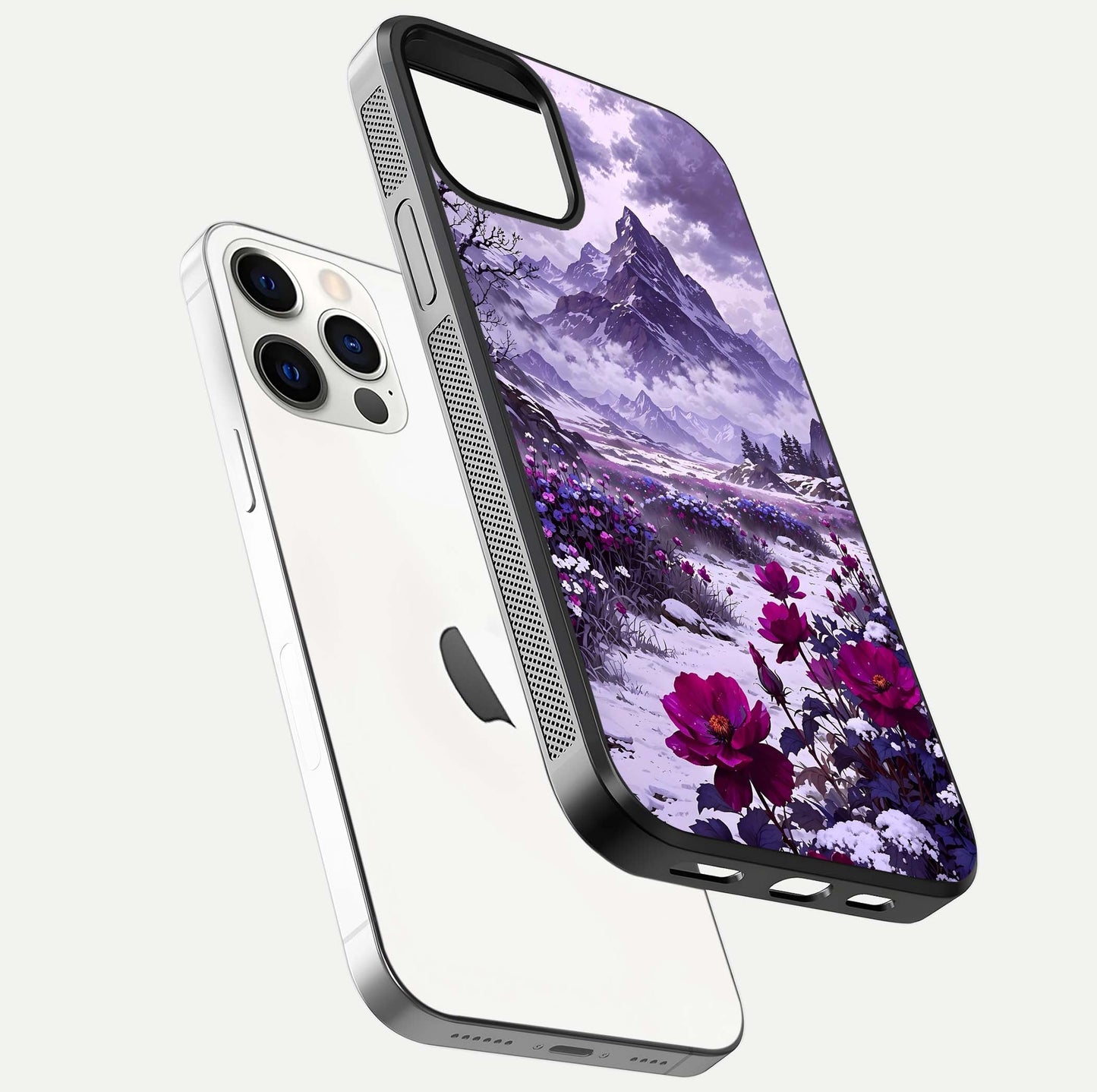 Flower Mountain View Glass Case for iPhone 12 Pro floating mockup showing reflection glow and artistic clarity