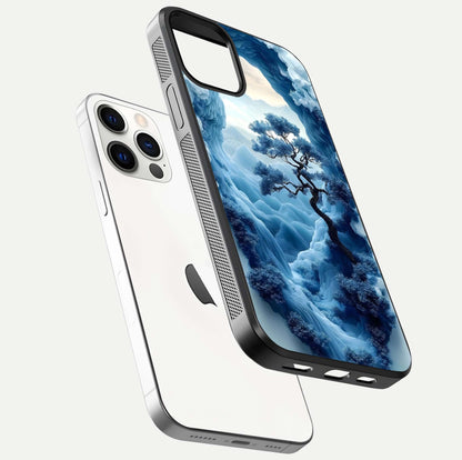 Frozen Serenity Gate Glass Case for iPhone 12 Pro floating mockup showing glossy depth and crystal glow