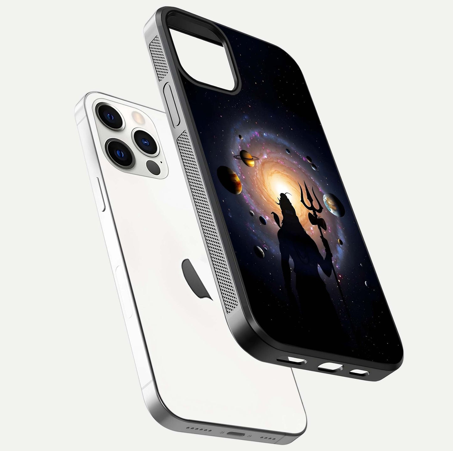 Galactic Shiva Vision Glass Case for iPhone 12 Pro floating dual-view mockup displaying vibrant cosmic colors and smooth gloss texture