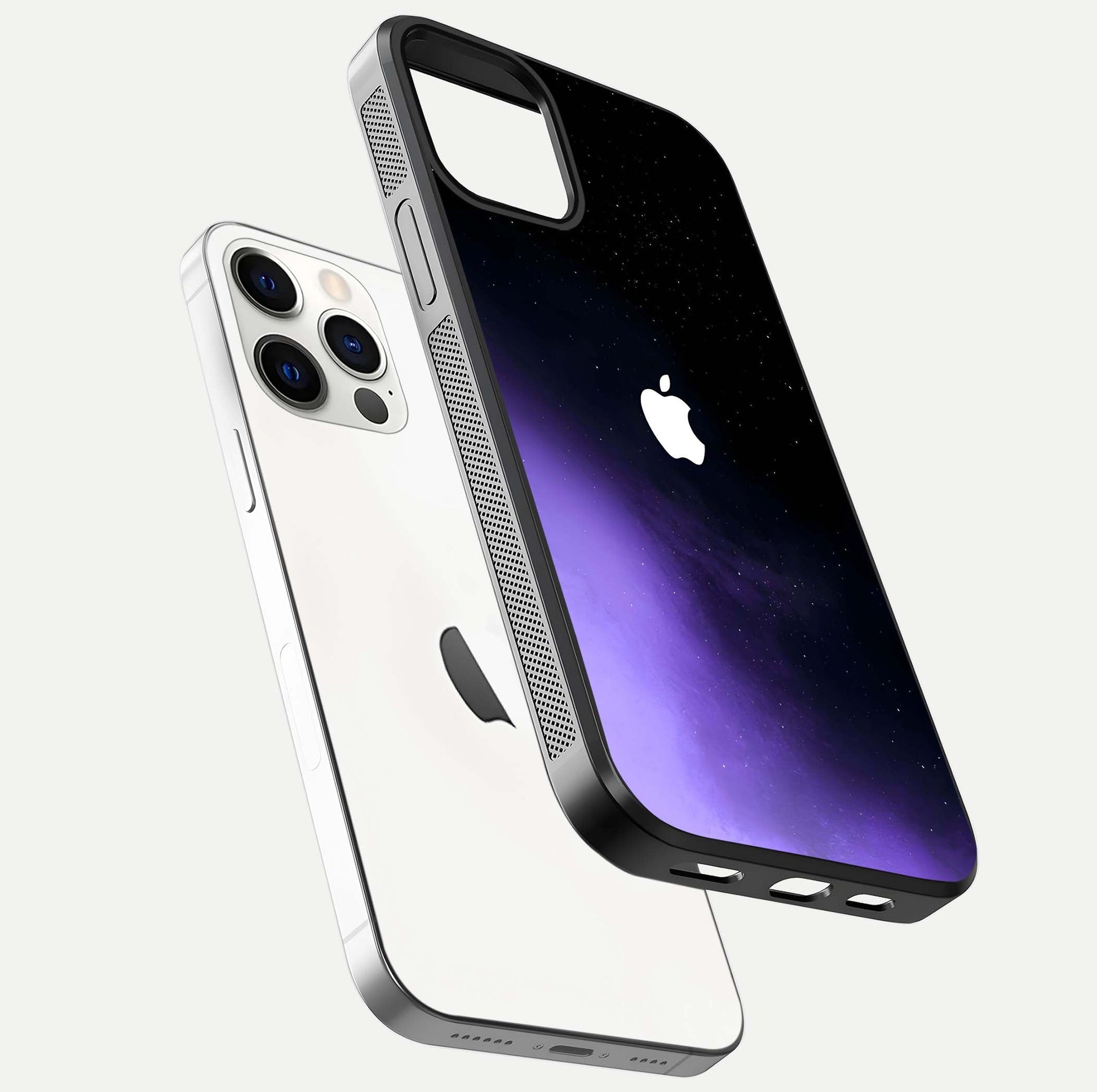 Galaxy Apple Aura Glass Case for iPhone 12 Pro floating dual-view mockup highlighting HD gloss and deep space color blend
