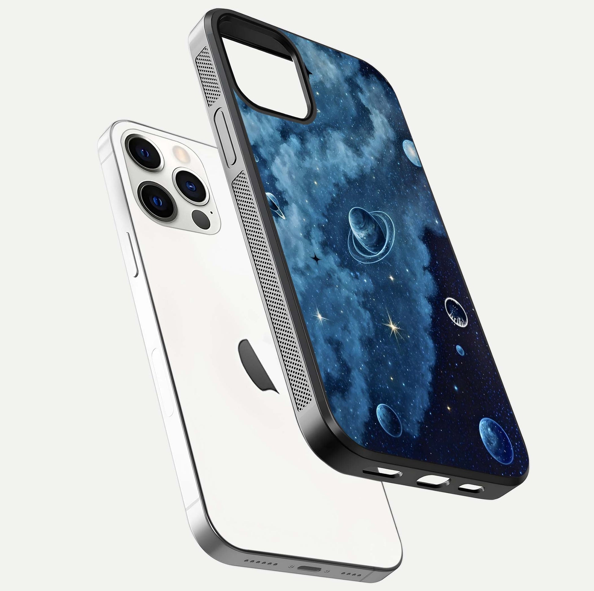 Galaxy Dream Space Glass Case for iPhone 12 Pro floating dual-view mockup showing glossy finish and celestial depth