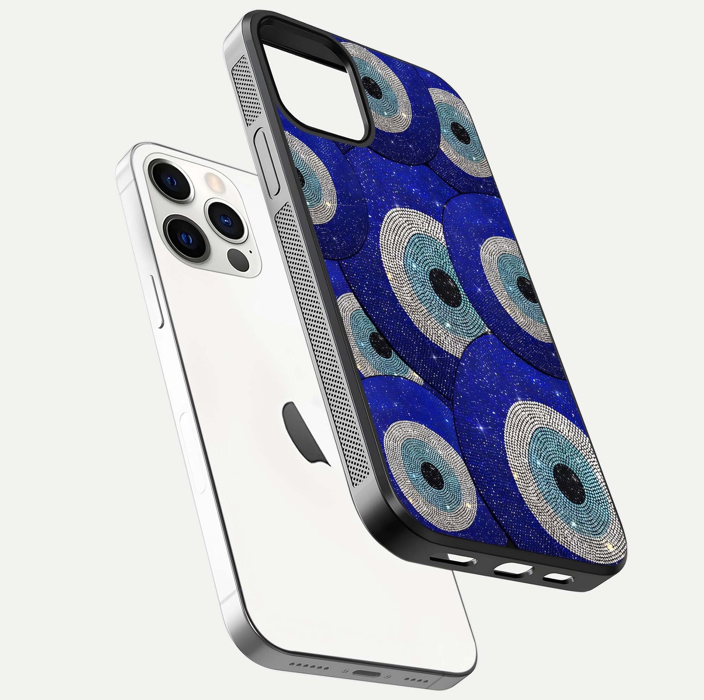 Galaxy Eye Flow Glass Case for iPhone 12 Pro floating dual-view mockup showing gloss polish and glowing tones