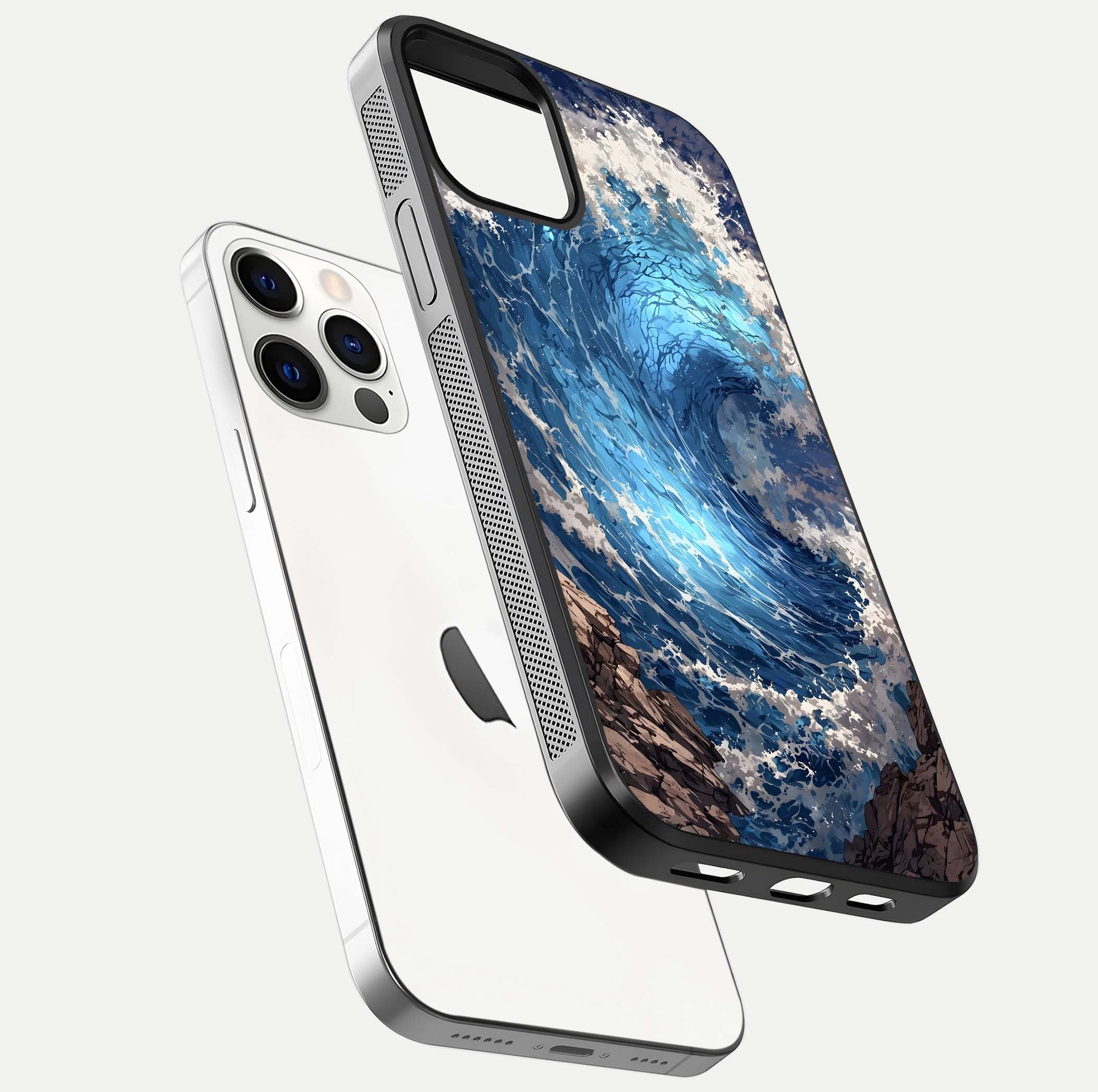 Giant Ocean Wave Glass Case for iPhone 12 Pro floating dual-view mockup showing glossy depth and aquatic blue gradient