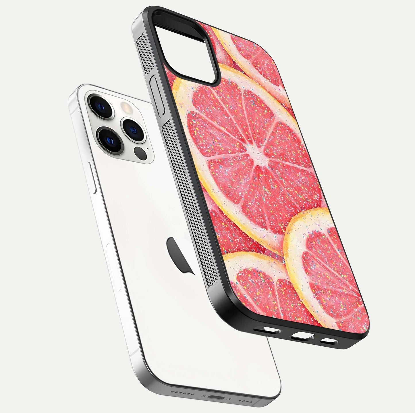 Glitter Grapefruit Glass Case for iPhone 12 Pro floating dual-view mockup showing HD gloss and fresh color detail