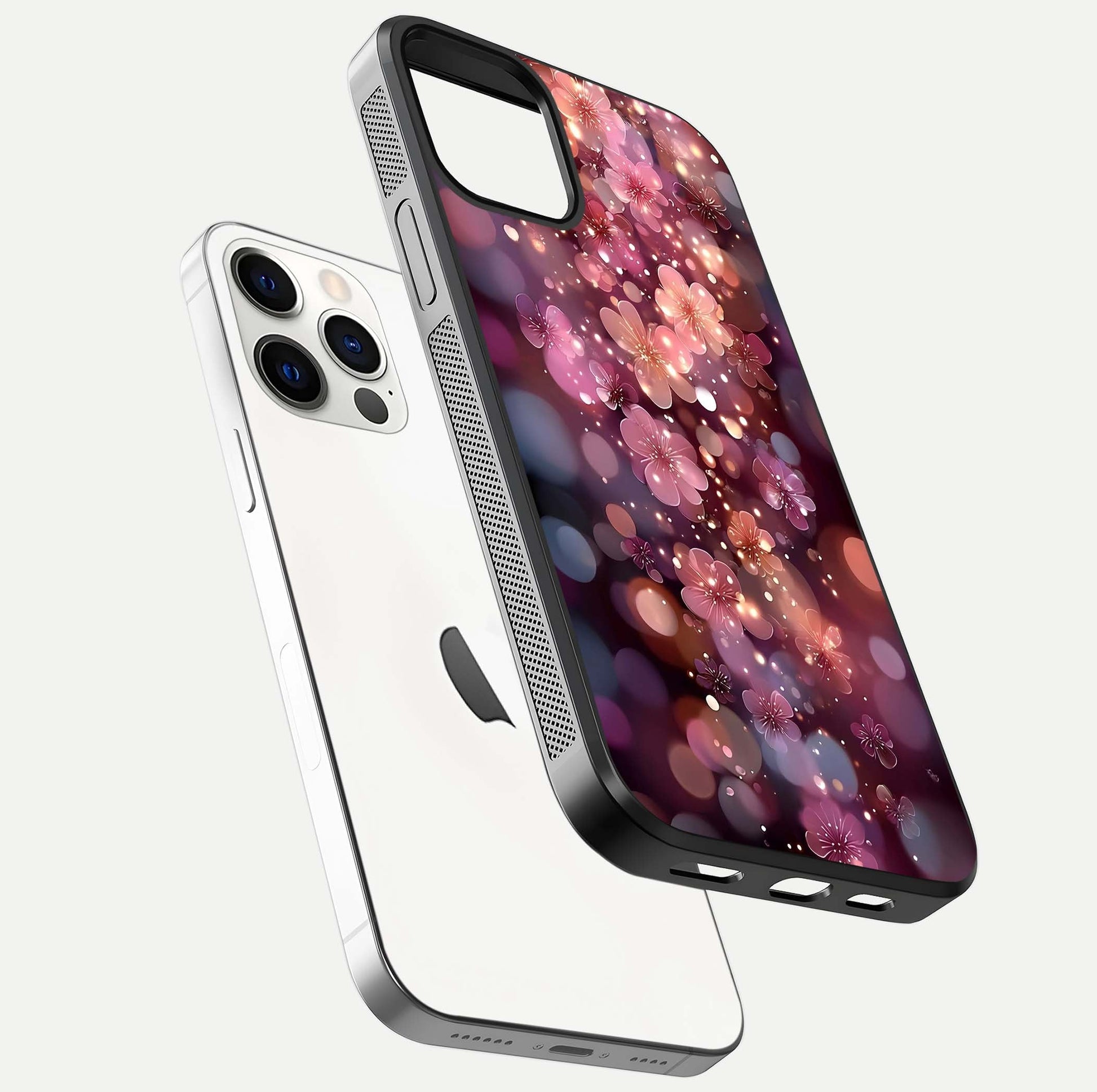 Glowing Petal Bliss Glass Case for iPhone 12 Pro floating dual-view mockup showing gloss brightness and delicate tone