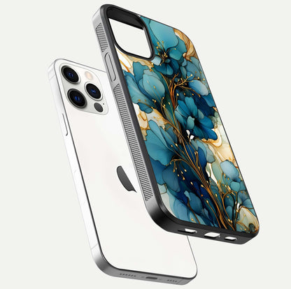 Golden Bloom Symphony Glass Case for iPhone 12 Pro floating dual-view mockup displaying shine texture and luxury pattern