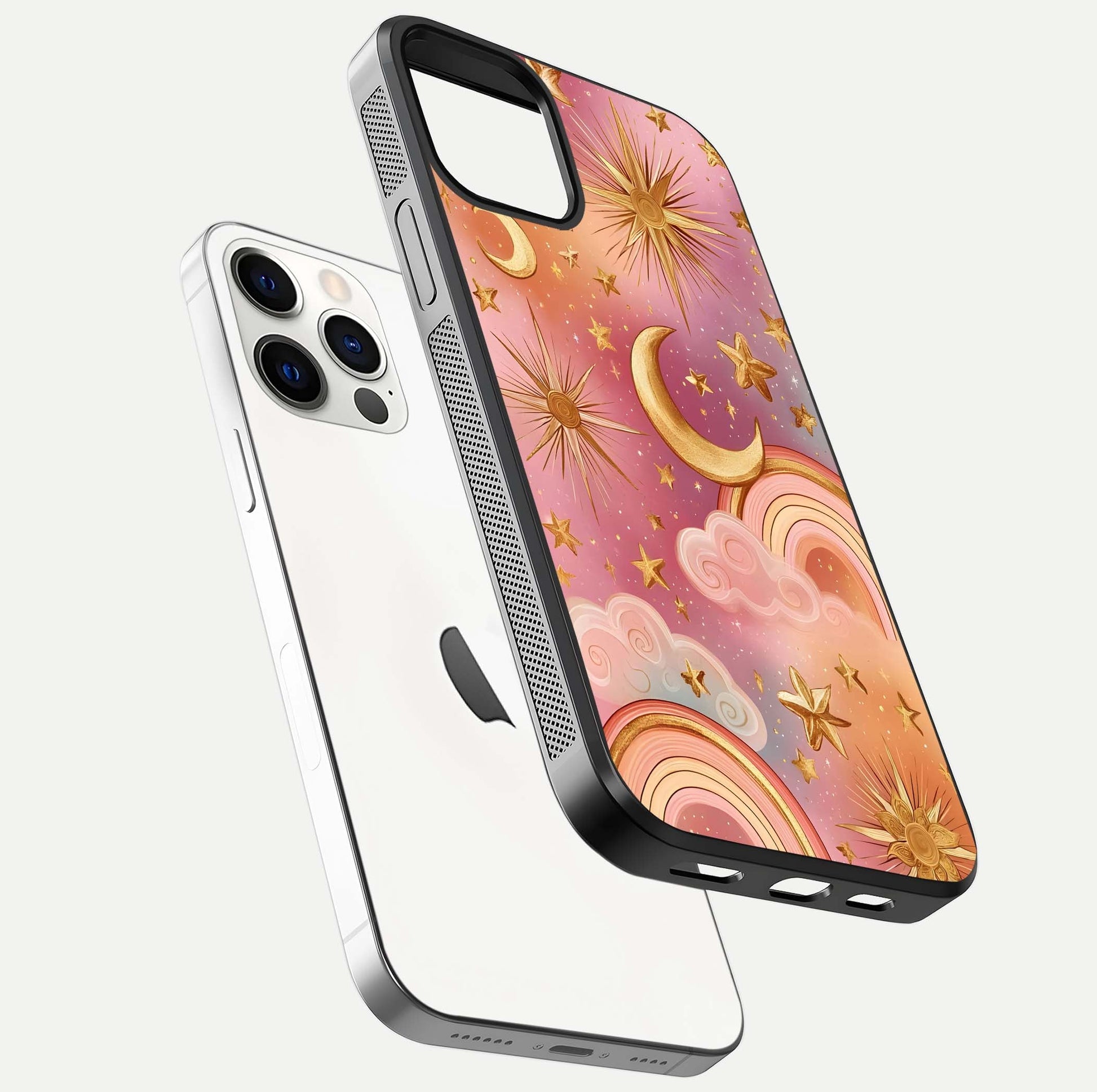 Golden Celestial Dreams Glass Case for iPhone 12 Pro floating dual-view mockup showing gloss surface and dream-like glow