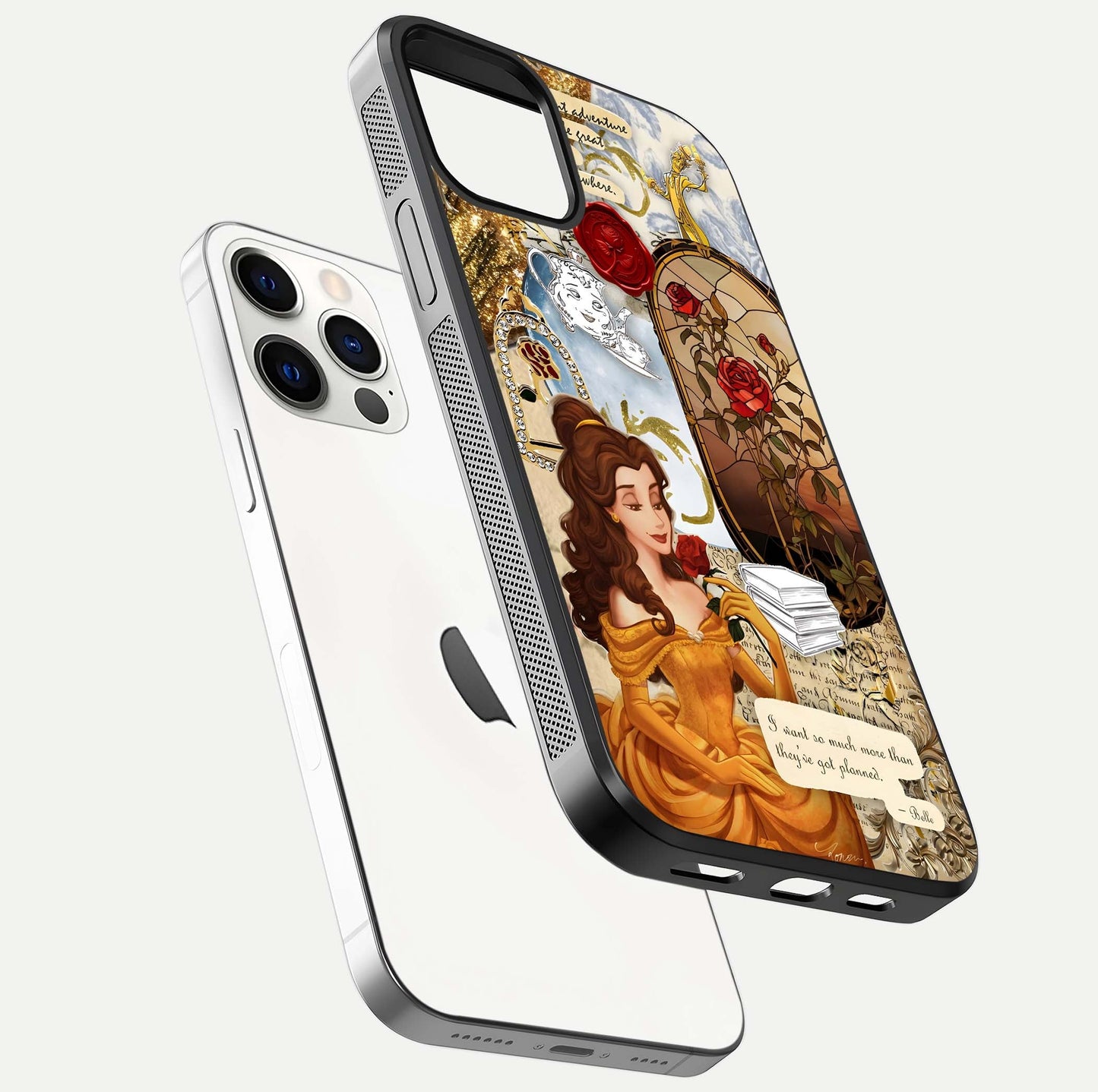 Golden Dream Belle Glass Case for iPhone 12 Pro floating dual-view mockup highlighting gloss texture and elegant shimmer