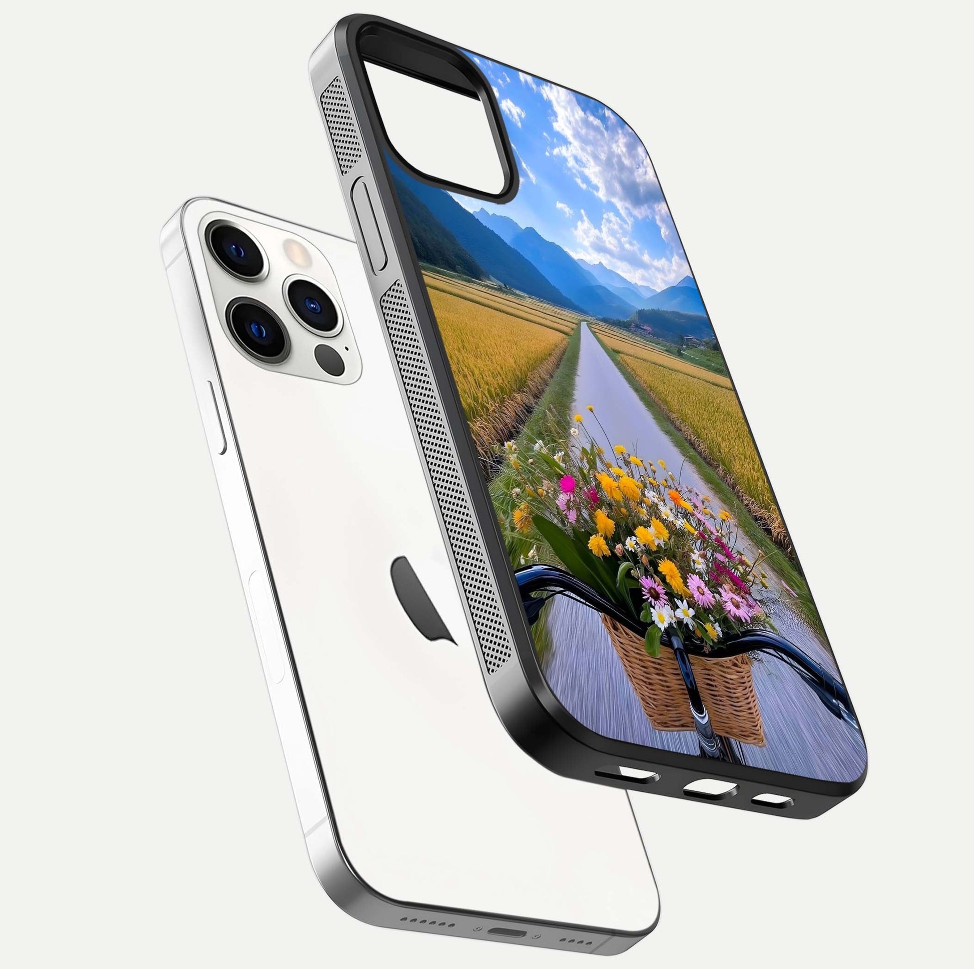 Golden Field Journey Glass Case for iPhone 12 Pro floating dual-view mockup showing gloss surface and field depth