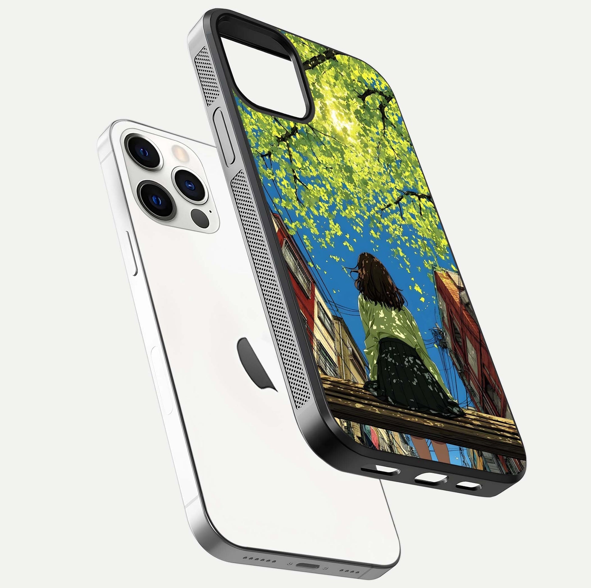 Golden Leaves Glow Glass Case for iPhone 12 Pro floating dual-view mockup showing gloss depth and gold-leaf detail