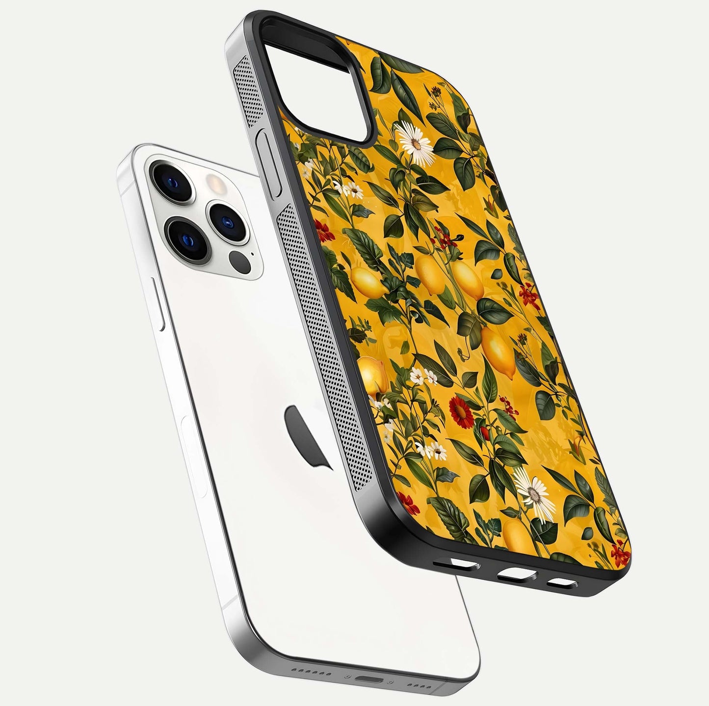 Golden Lemon Field Glass Case for iPhone 12 Pro floating dual-view mockup showing gloss shine and yellow-gold palette