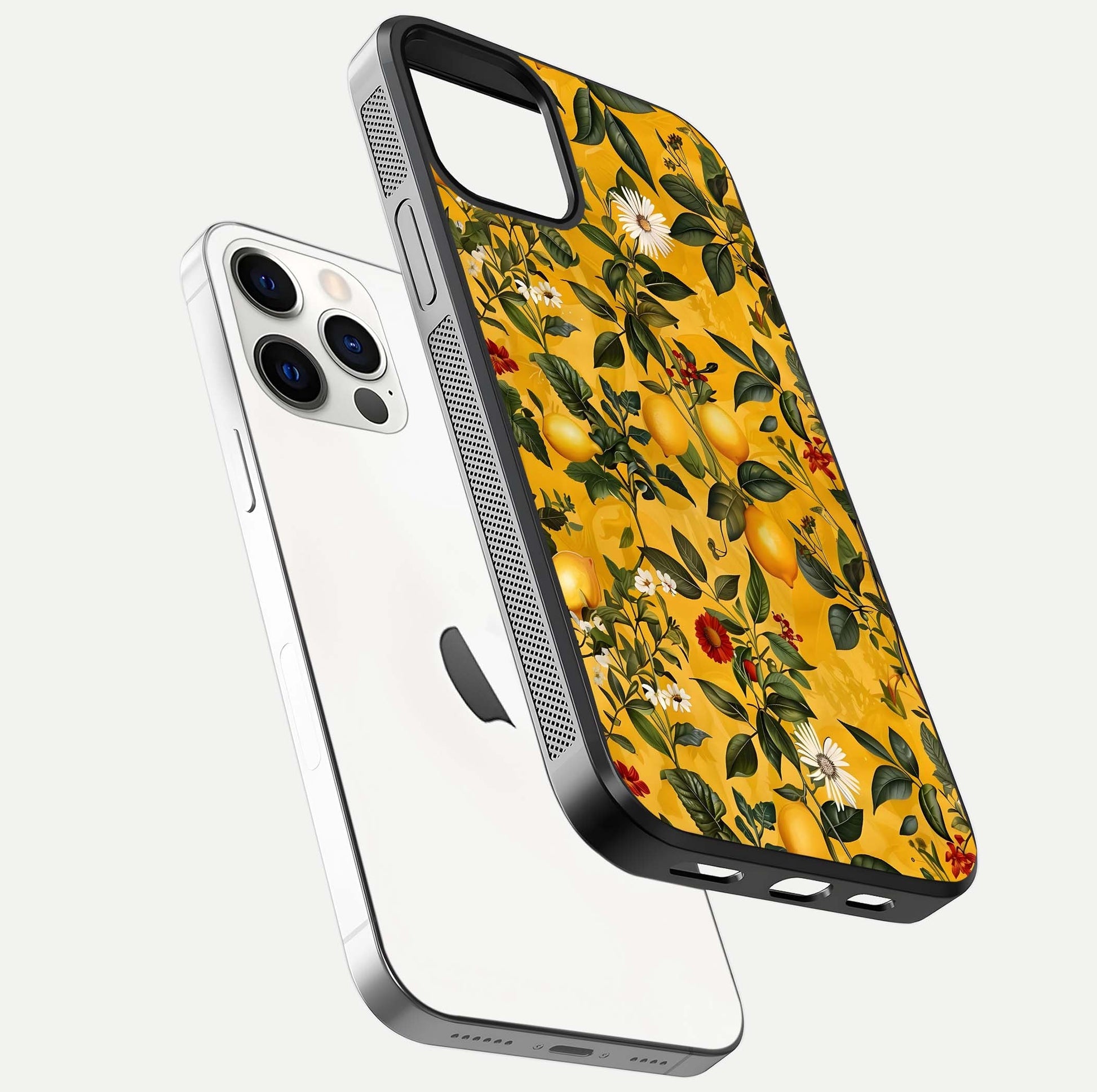 Golden Lemon Field Glass Case for iPhone 12 Pro floating dual-view mockup showing gloss shine and yellow-gold palette