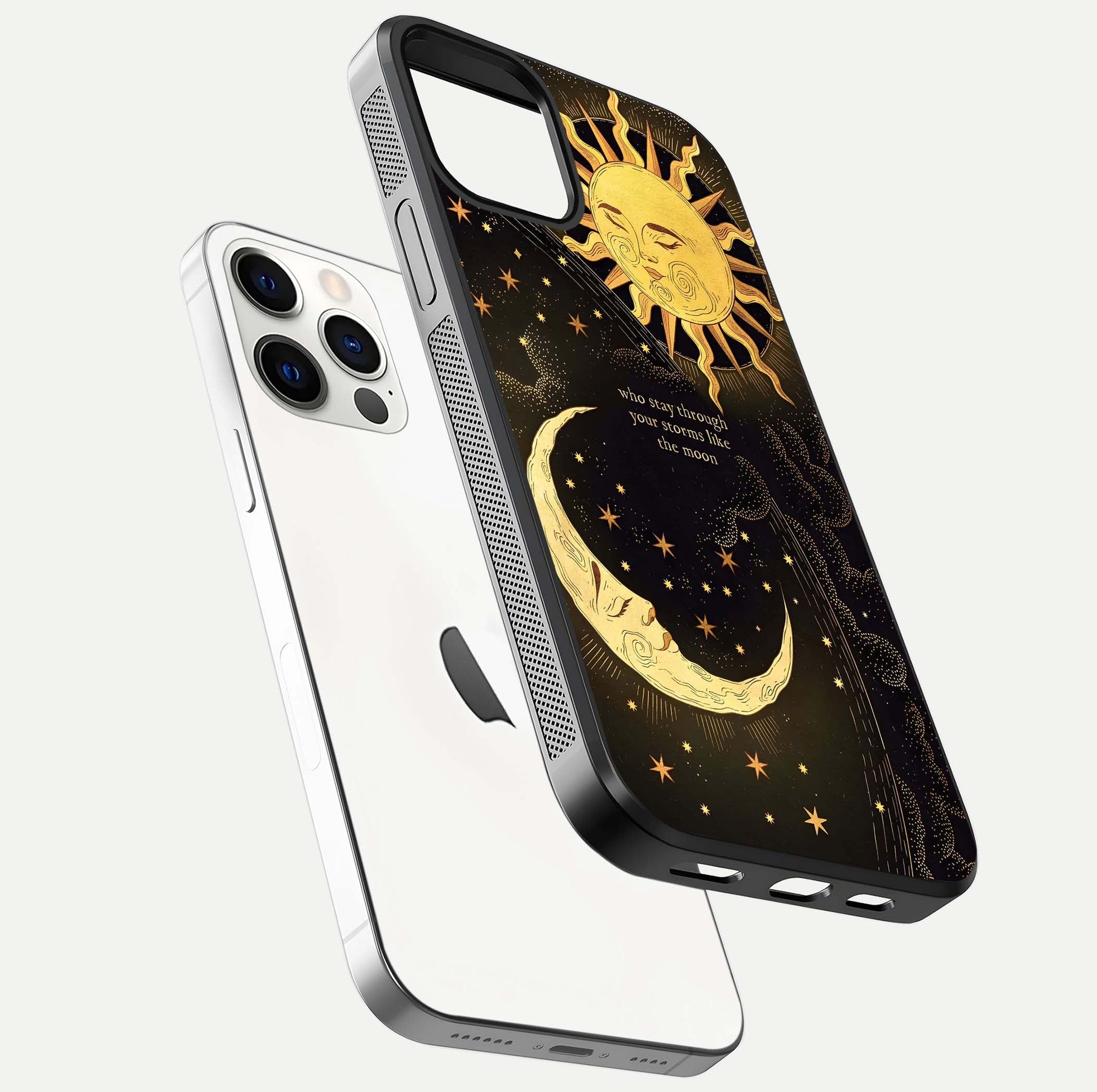 Golden Lunar Love Glass Case for iPhone 12 Pro floating dual-view mockup showing glossy glow and romantic theme