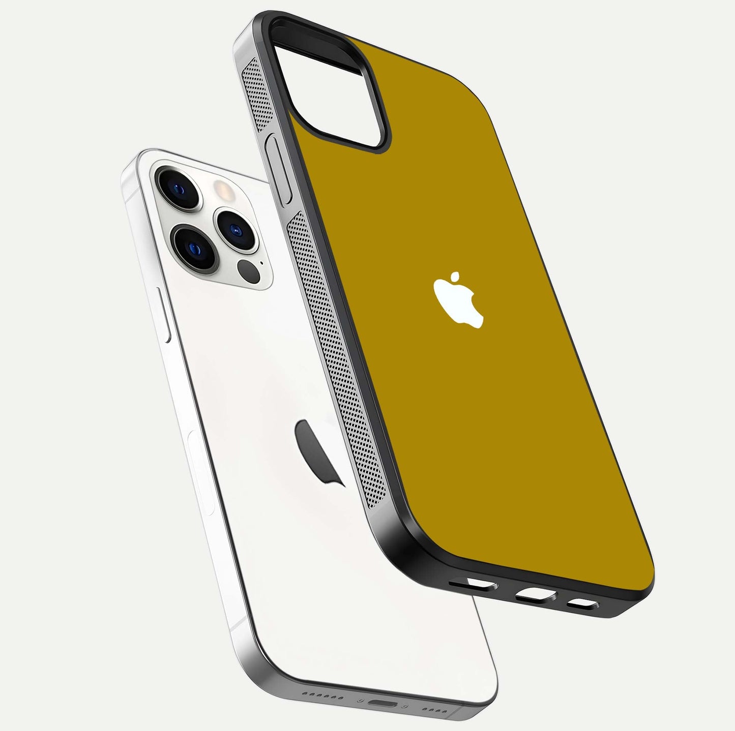 Golden Luxe Aura Glass Case for iPhone 12 Pro floating dual-view mockup showing glossy texture and elegant gold gradient