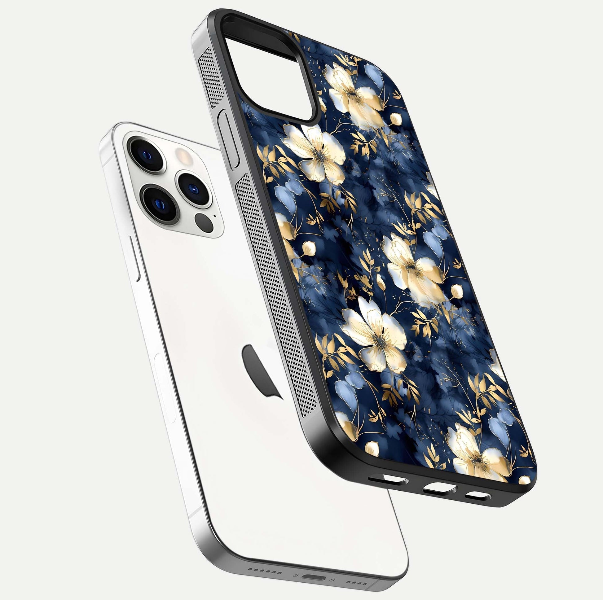 Golden Midnight Bloom Glass Case for iPhone 12 Pro floating dual-view mockup showing gloss polish and metallic reflection