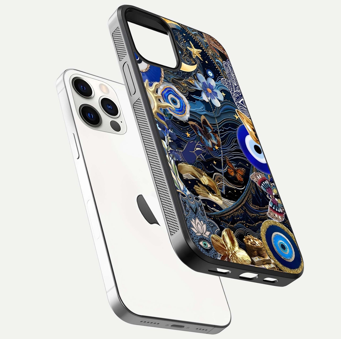 Golden Moon Magic Glass Case for iPhone 12 Pro floating dual-view mockup showing gloss texture and golden illumination