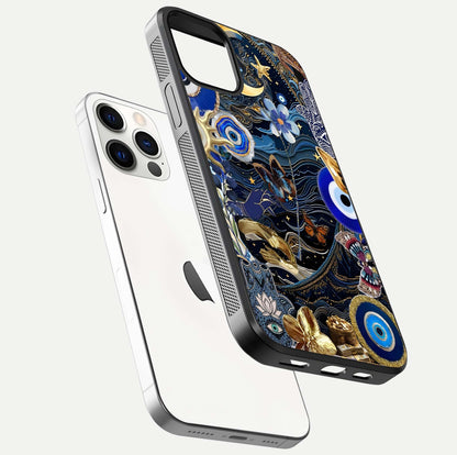 Golden Moon Magic Glass Case for iPhone 12 Pro floating dual-view mockup showing gloss texture and golden illumination