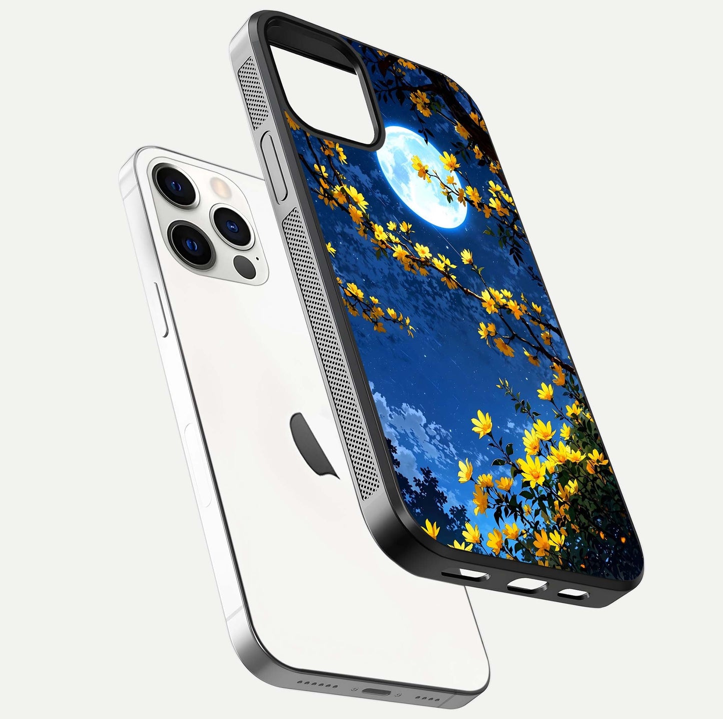 Golden Night Glow Glass Case for iPhone 12 Pro floating dual-view mockup showing gloss polish and luxury shine