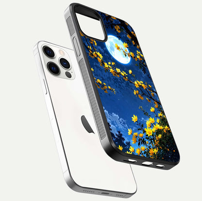 Golden Night Glow Glass Case for iPhone 12 Pro floating dual-view mockup showing gloss polish and luxury shine