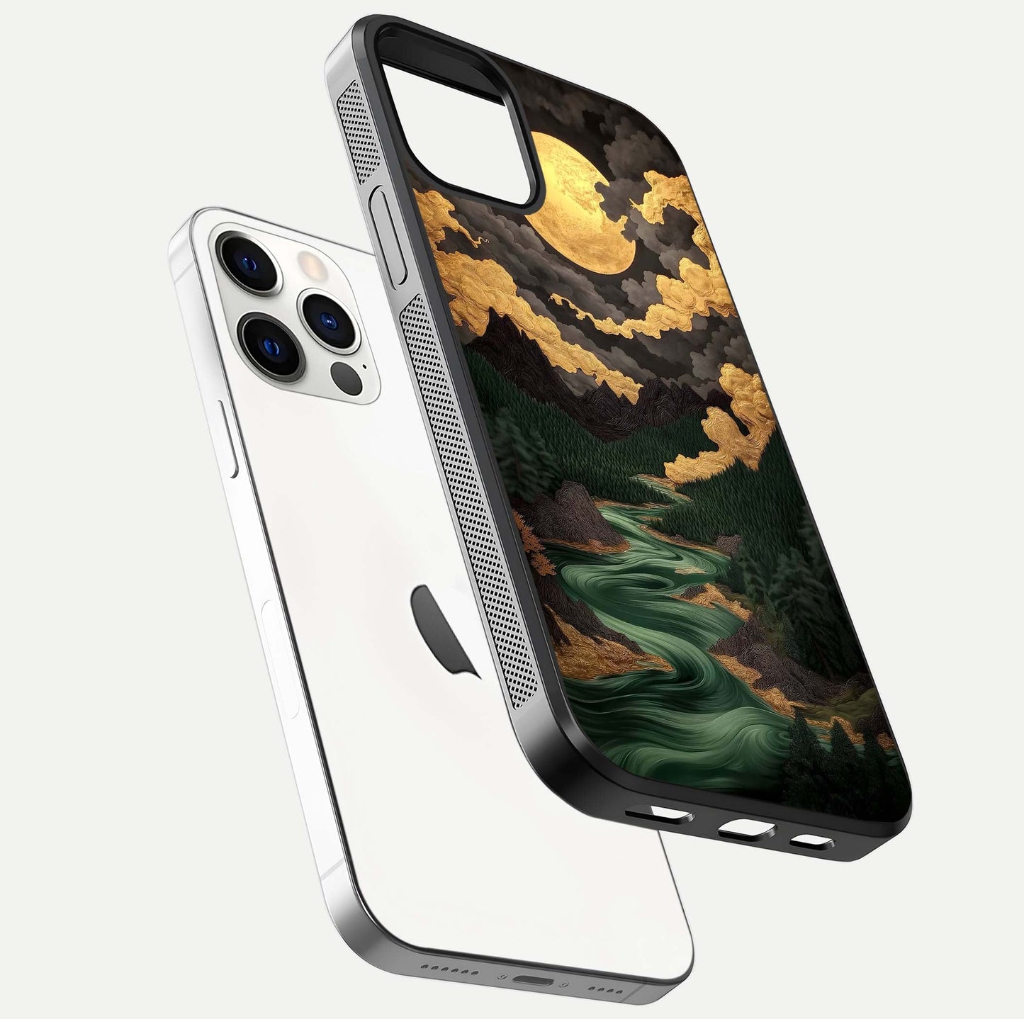 Golden River Moon Glass Case for iPhone 12 Pro floating dual-view mockup showing gloss surface and luxury tone