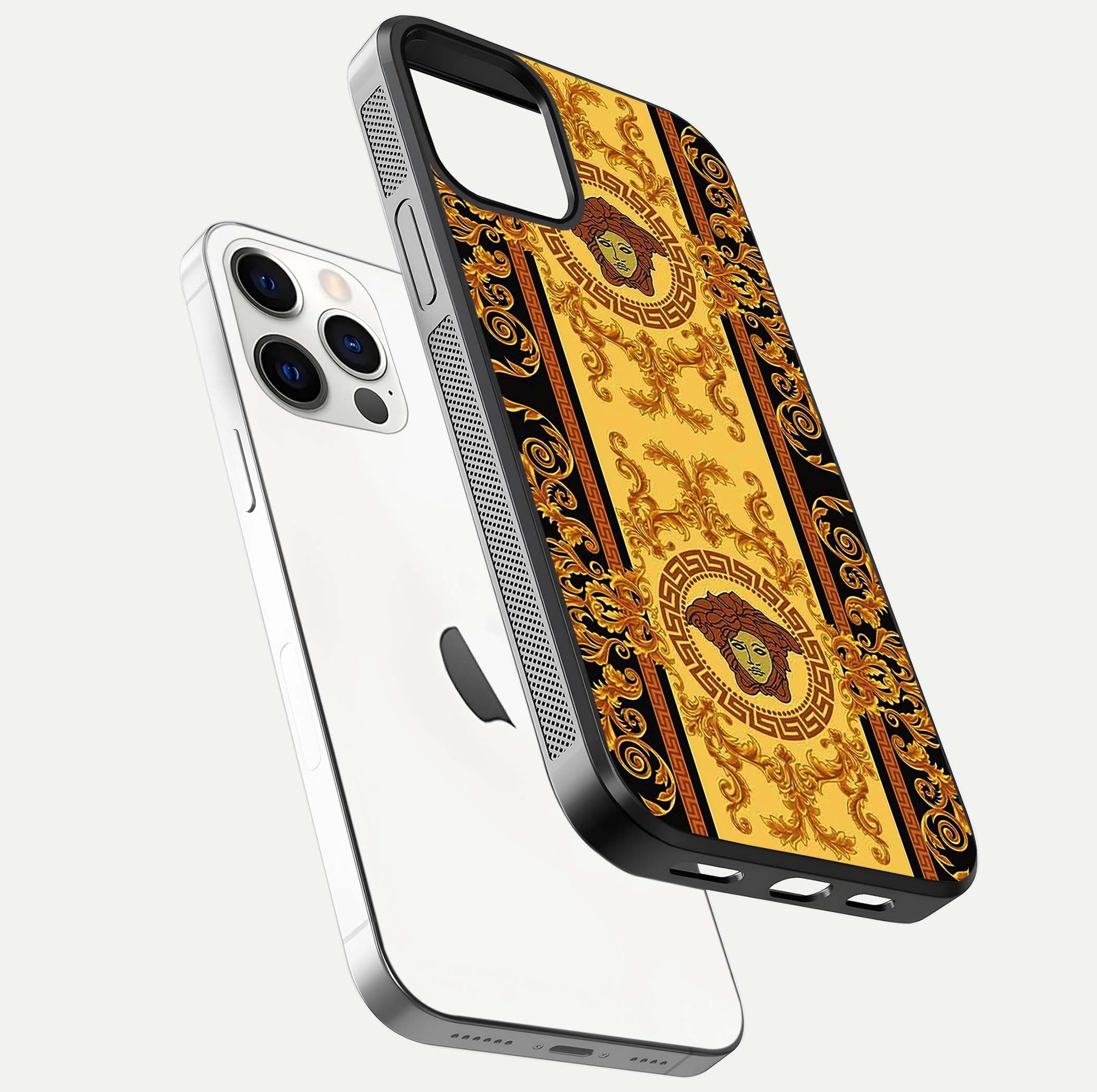 Golden Royal Heritage Glass Case for iPhone 12 Pro floating dual-view mockup showing glossy surface and rich regal tone