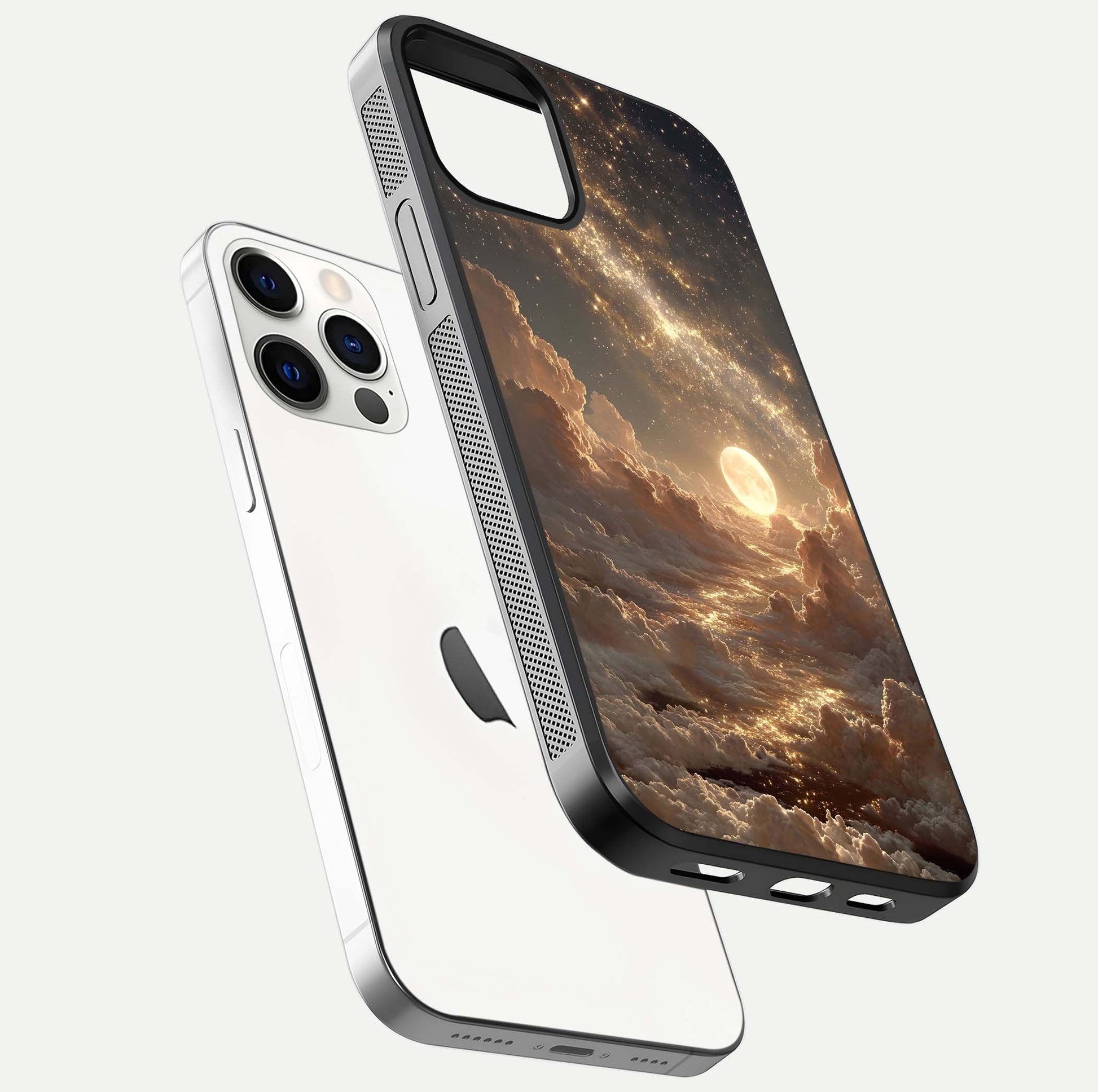 Golden Sky Dream Glass Case for iPhone 12 Pro floating dual-view mockup showing gloss depth and elegant finish