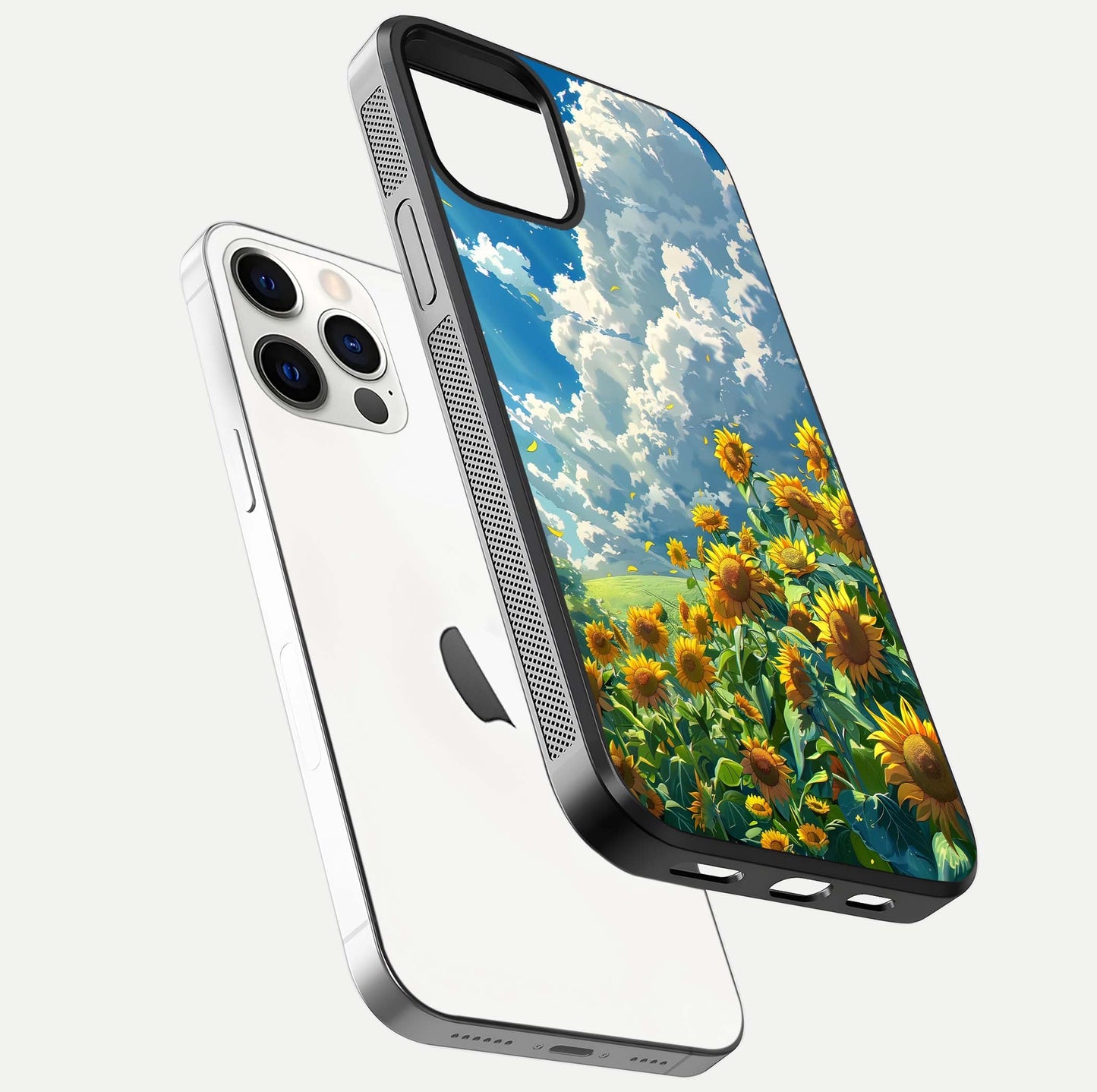 Golden Sun Glory Glass Case for iPhone 12 Pro floating dual-view mockup showing gloss shine and premium surface