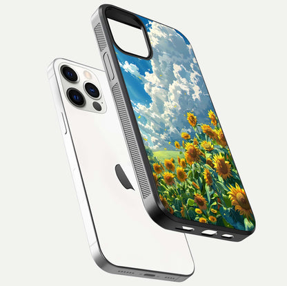 Golden Sun Glory Glass Case for iPhone 12 Pro floating dual-view mockup showing gloss shine and premium surface