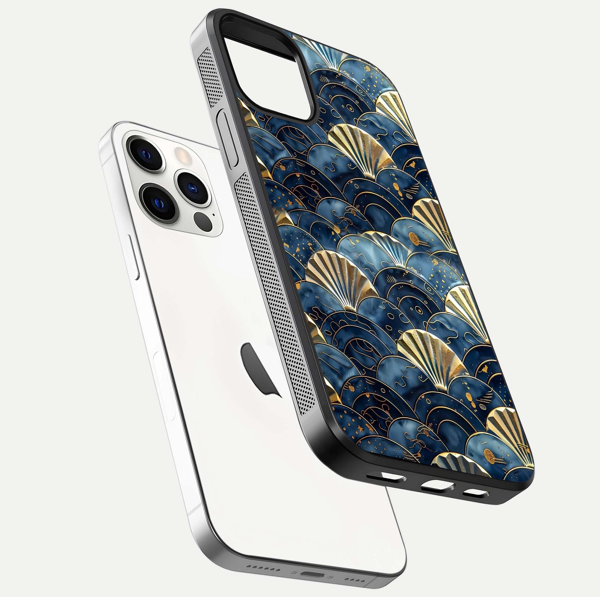 Golden Wave Luxe Glass Case for iPhone 12 Pro floating dual-view mockup showing gloss surface and shimmering tones