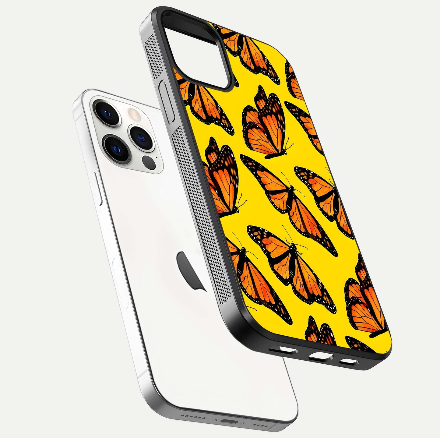 Golden Wing Flight Glass Case for iPhone 12 Pro floating dual-view mockup showing gloss reflection and luxury tone