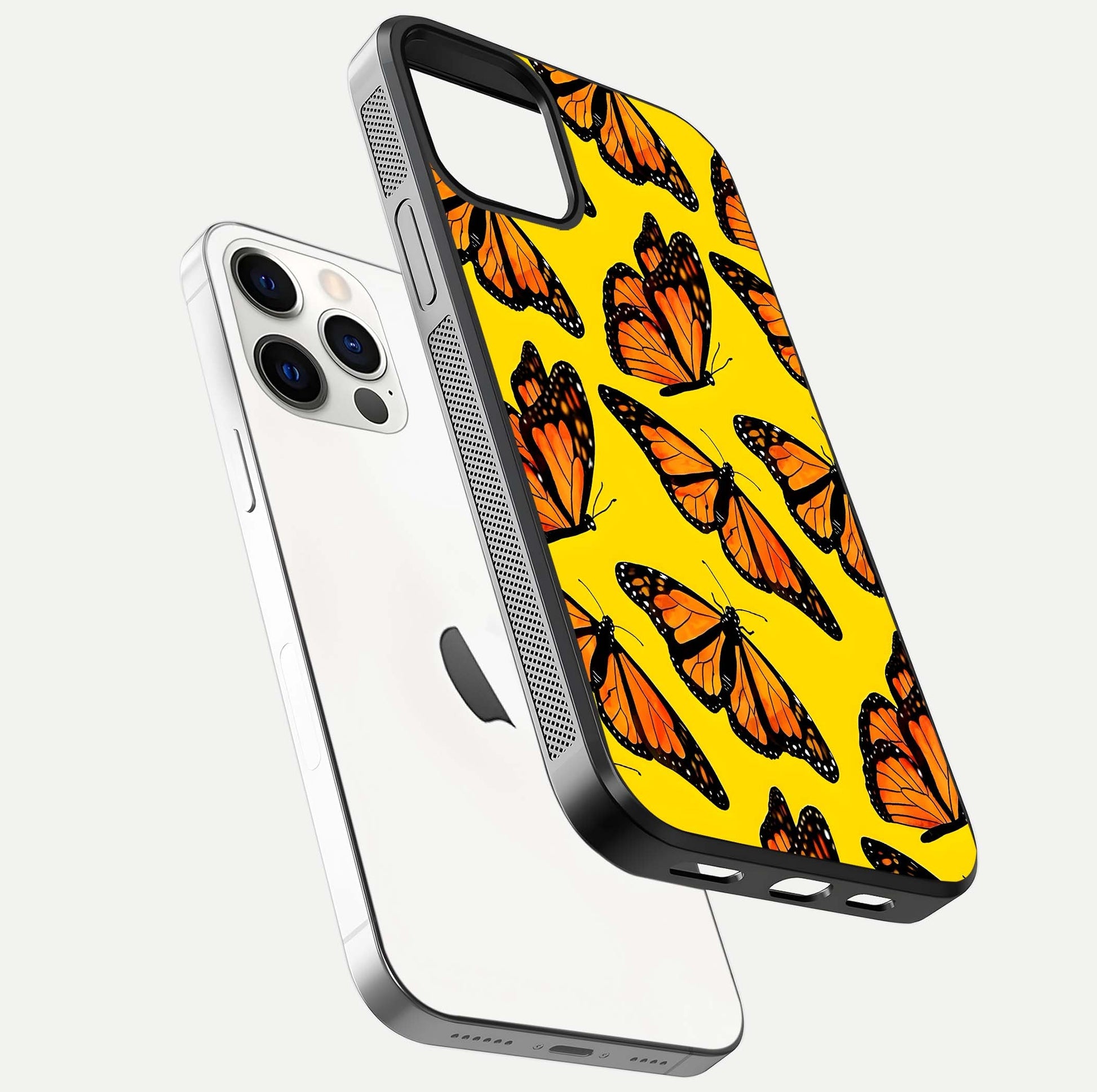 Golden Wing Flight Glass Case for iPhone 12 Pro floating dual-view mockup showing gloss reflection and luxury tone