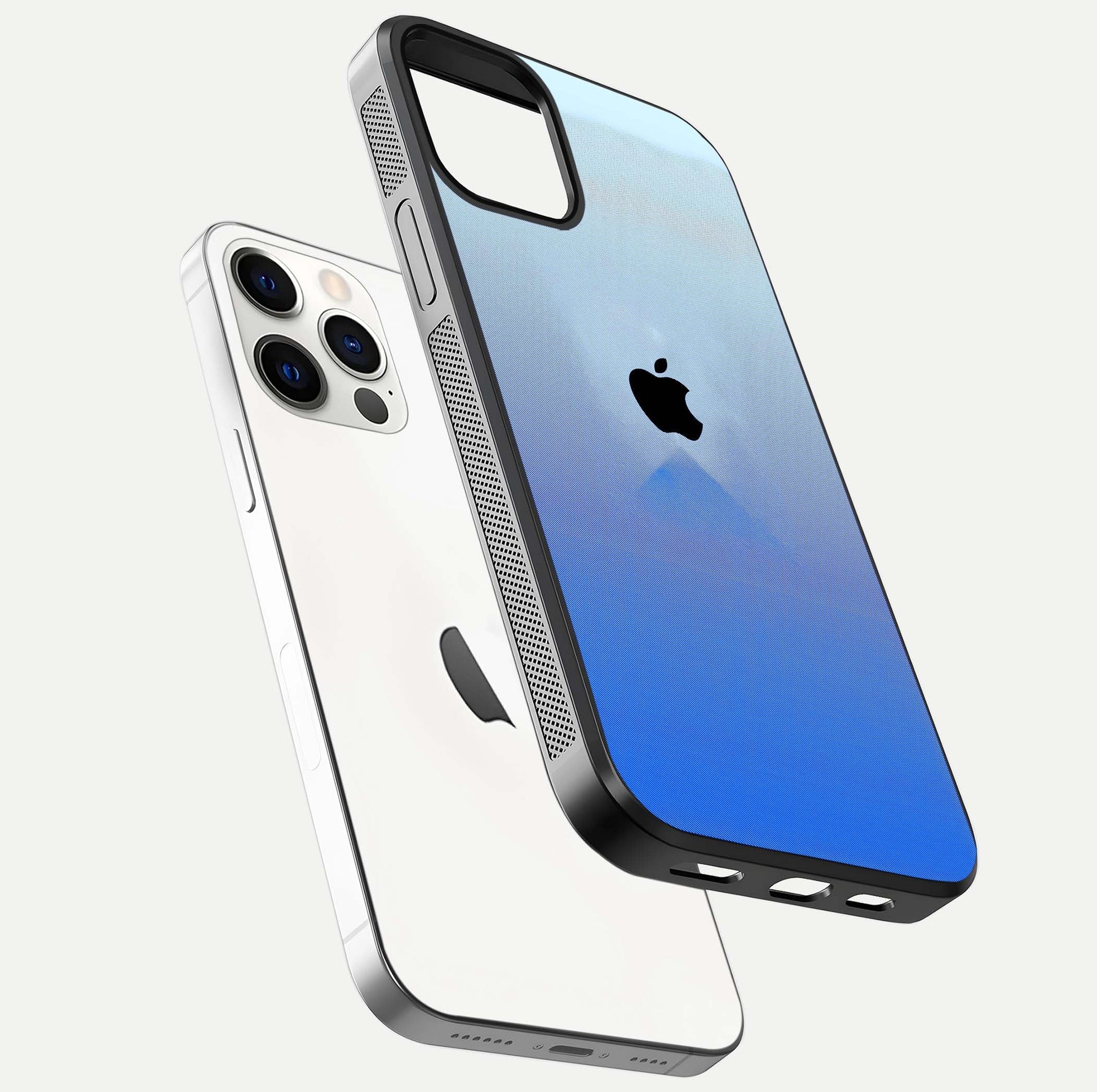 Gradient Apple Vibe Glass Case for iPhone 12 Mini floating dual-view mockup showing gloss polish and gradient blend