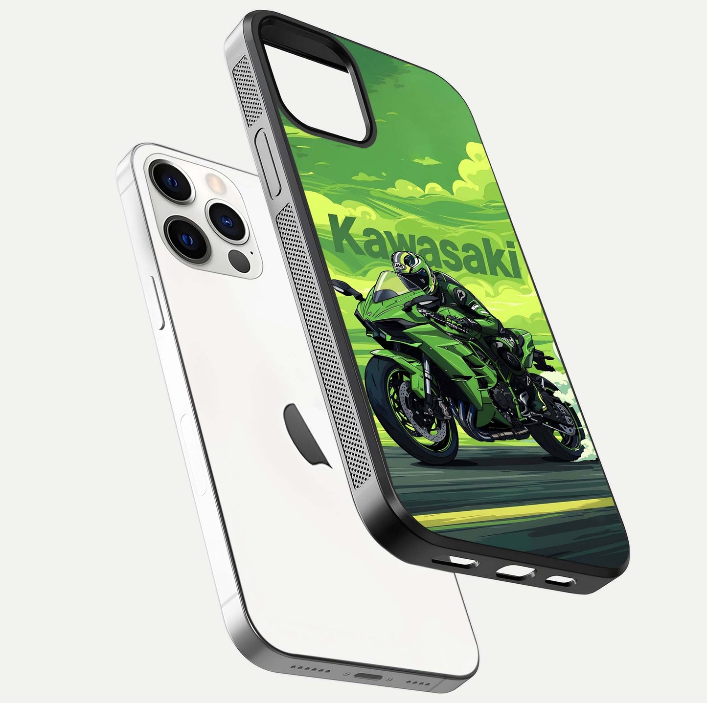 Green Kawasaki Glass Case for iPhone 12 Pro floating dual-view mockup showing gloss surface and power-bike theme