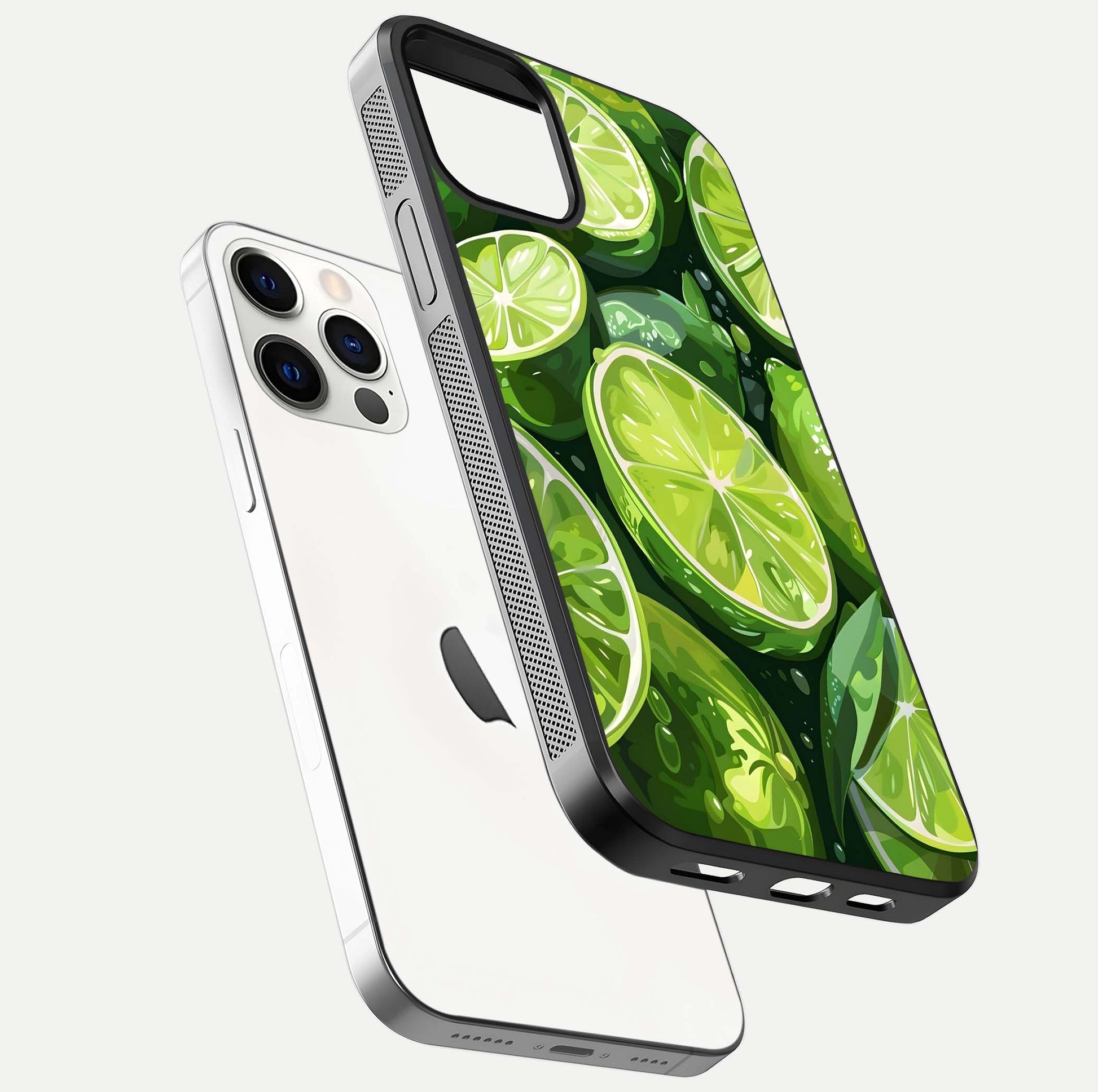 Green Lemon Glass Case for iPhone 12 Pro floating dual-view mockup showing glossy surface and fruity freshness
