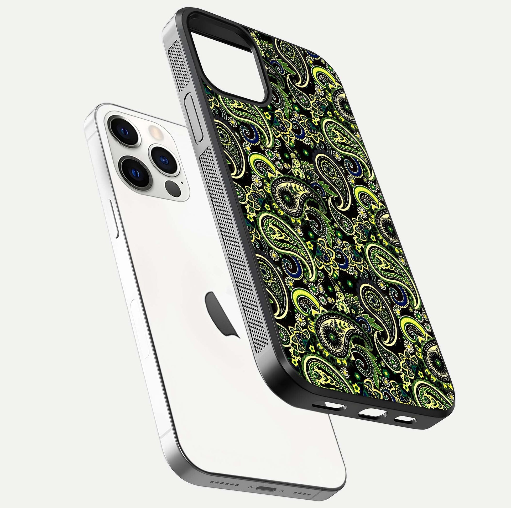 Green Mandala Pattern Glass Case for iPhone 12 Pro floating dual-view mockup showing gloss texture and symmetry shine