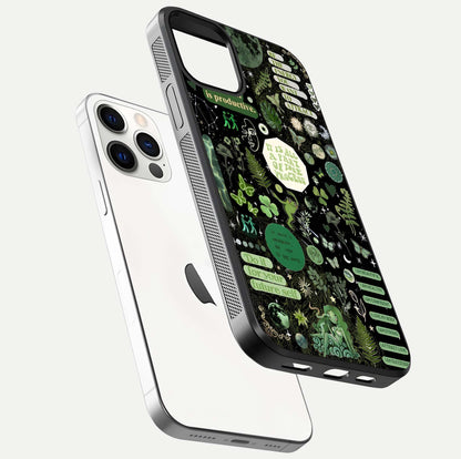 Green Moon Energy Glass Case for iPhone 12 Pro floating dual-view mockup showing glossy texture and energy aura