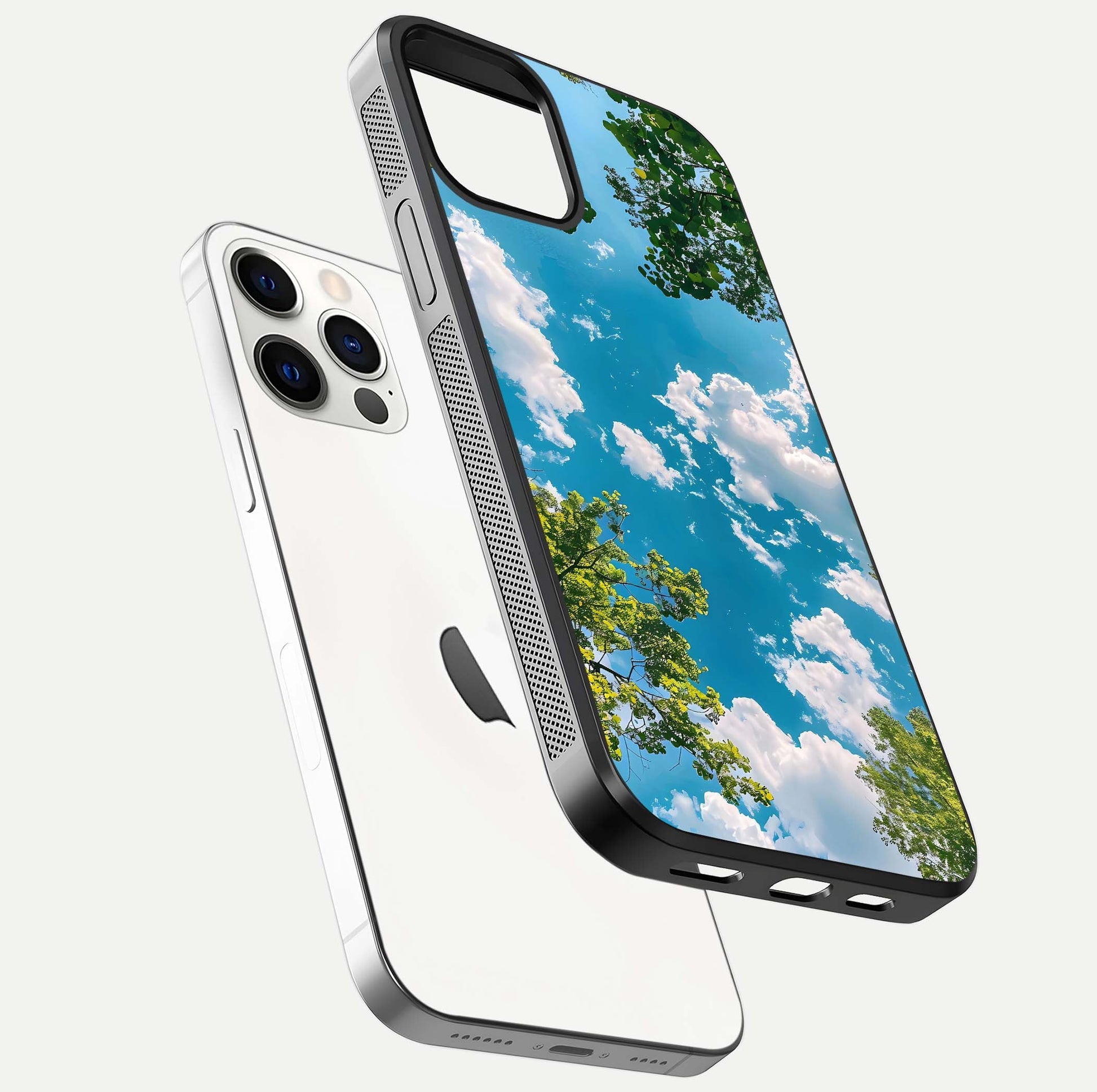 Greenery Sky Glass Case for iPhone 12 Pro floating dual-view mockup showing glossy shine and soft natural tones