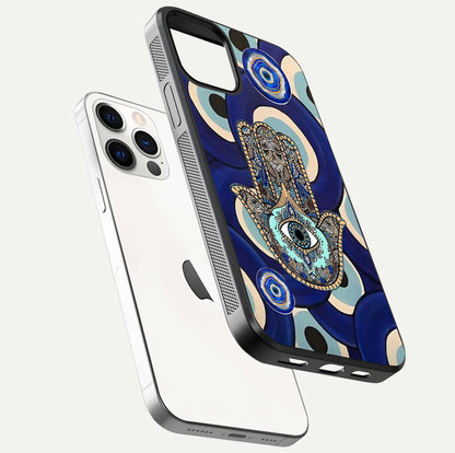 Hamsa Divine Guard Glass Case for iPhone 12 Pro floating dual-view mockup showing gloss shine and mystical pattern