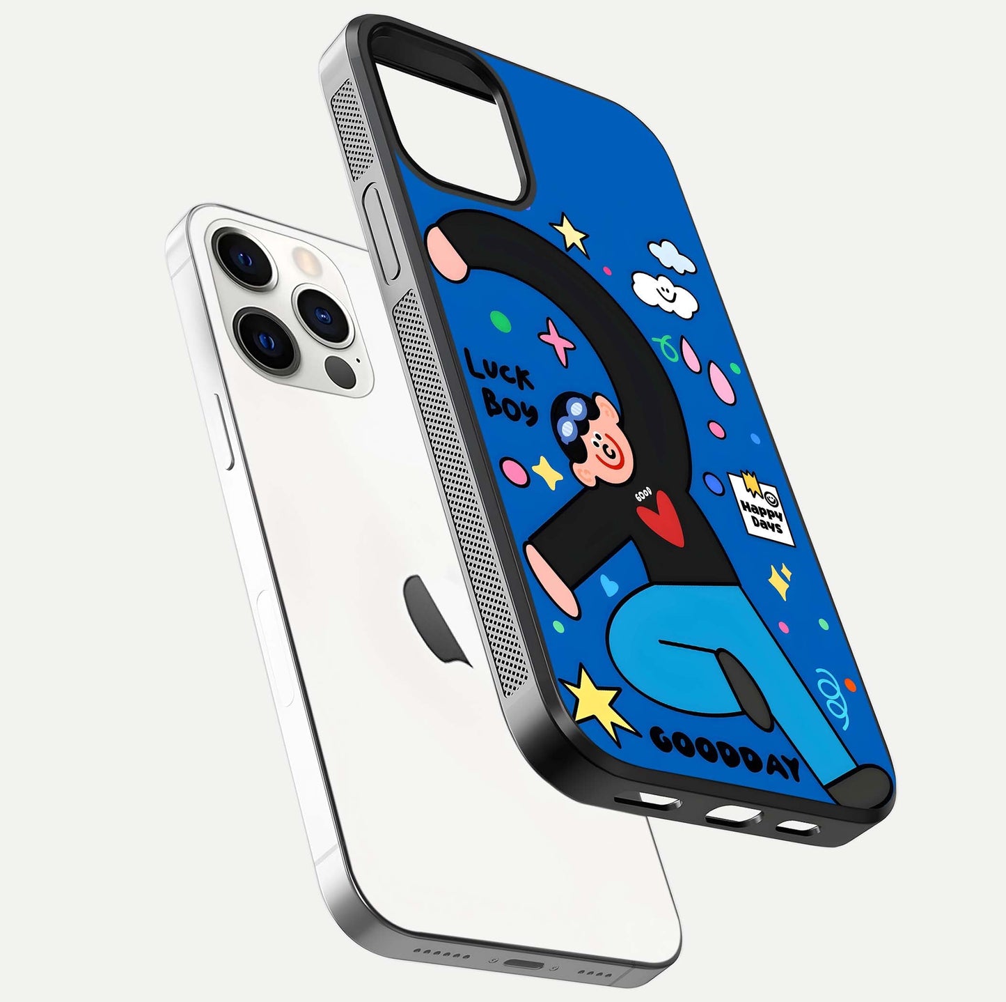 Happy Luck Vibe Glass Case for iPhone 12 Pro floating dual-view mockup showing glossy tone and bright finish
