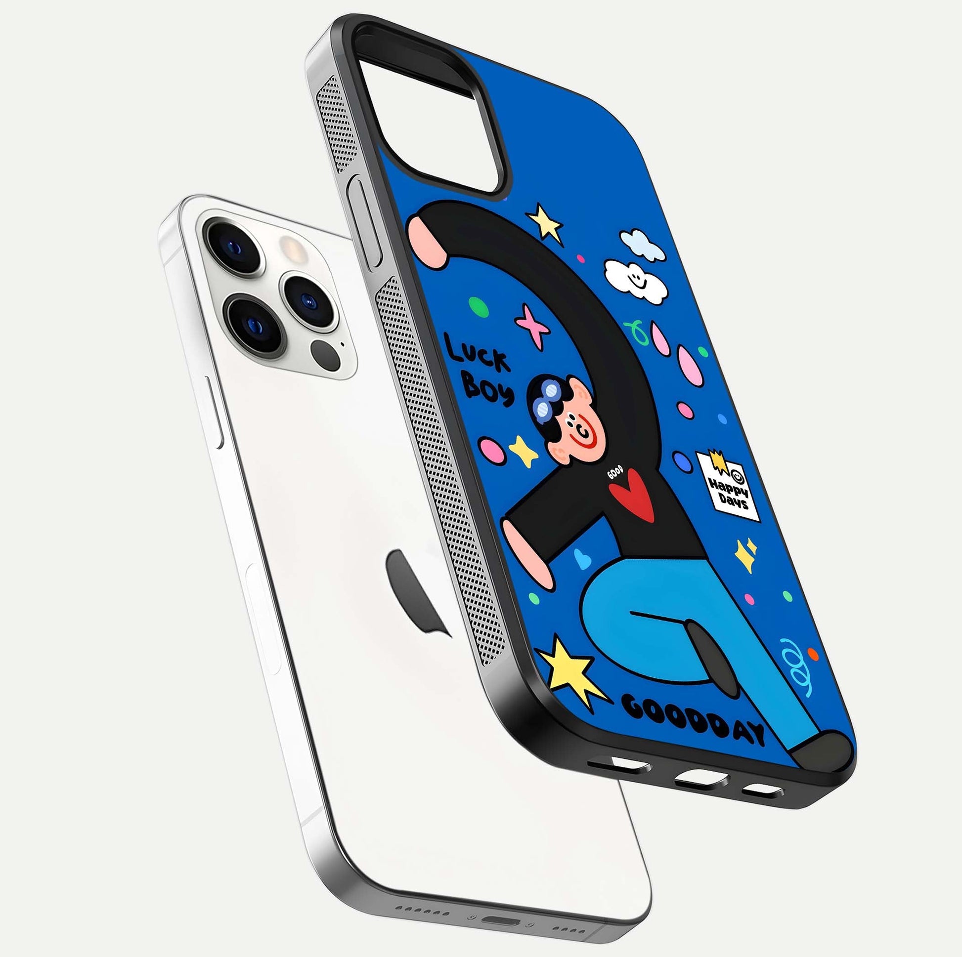 Happy Luck Vibe Glass Case for iPhone 12 Pro floating dual-view mockup showing glossy tone and bright finish