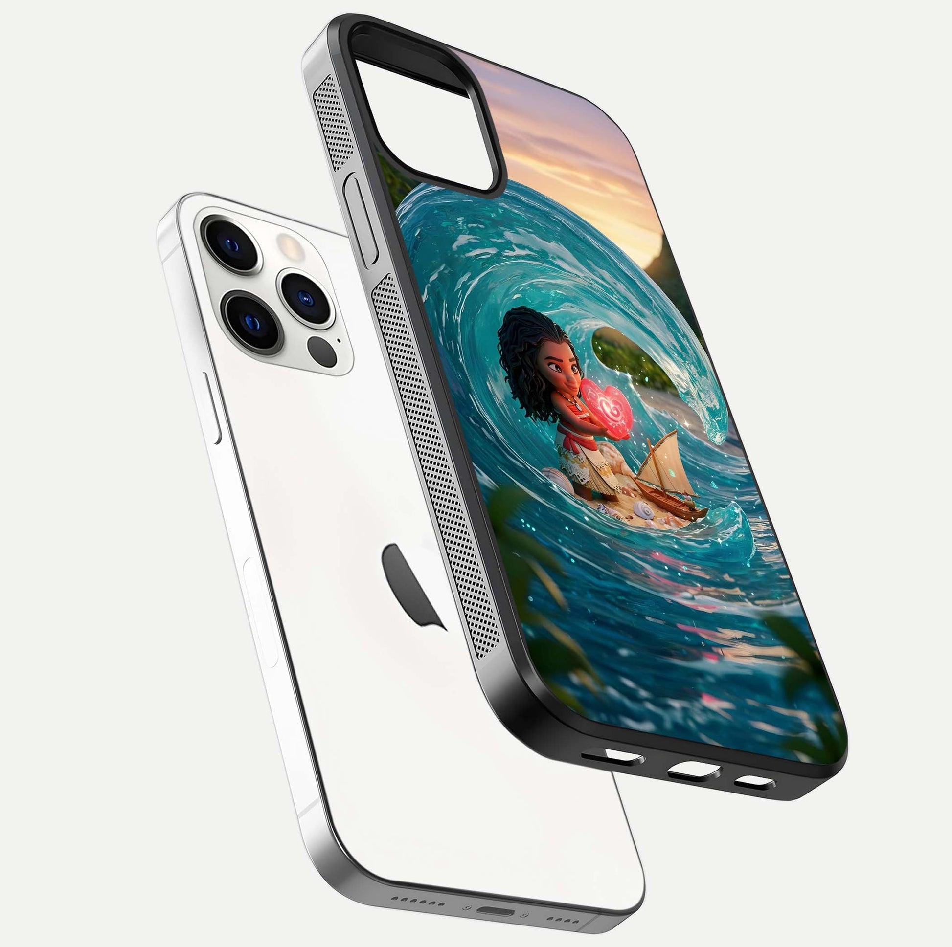 Heart of Ocean Glass Case for iPhone 12 Pro floating dual-view mockup showing gloss surface and aquatic design